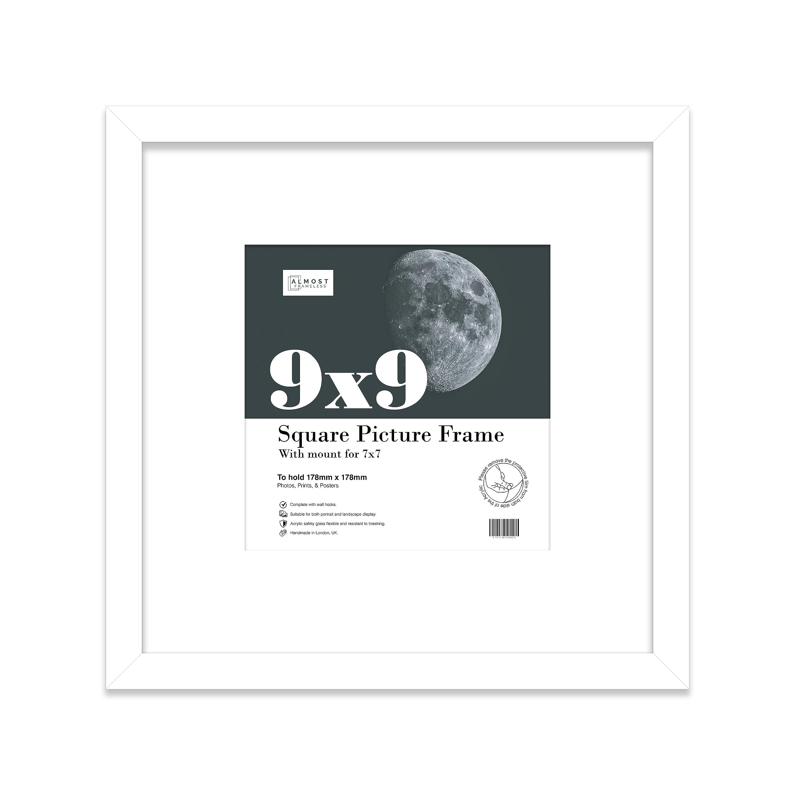 9x9 White Picture Frame with Mount for 7x7 Photos, Prints - Modern Square Wall Frame, 1 Pack