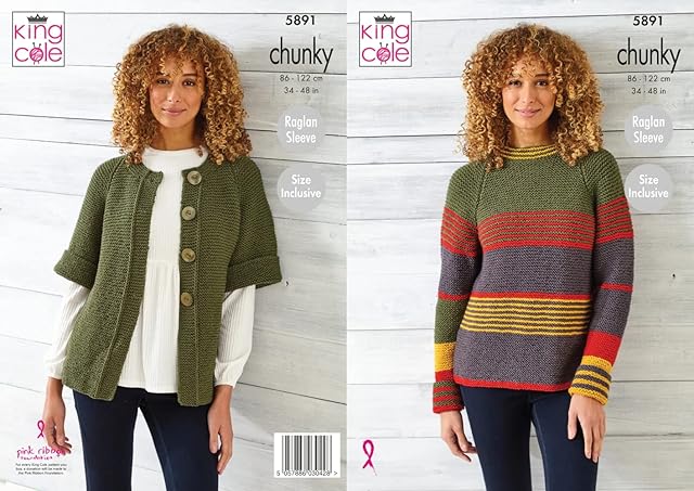 King Cole Ladies Chunky Knitting Pattern Raglan Sleeve Sweater & Cardigan (5891), Multicolor, 34'' - 48''