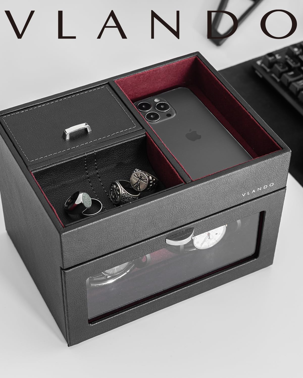 Vlando Automatische Uhrenbeweger 2 Uhren, Watch-Winder Leder mit Schmuckaufbewahrung Taschleerer, Japanischem Leisen Motoren, LED Beleuchtung, Wechselstromadapter, Luxuriöse Uhrenbeweger Box