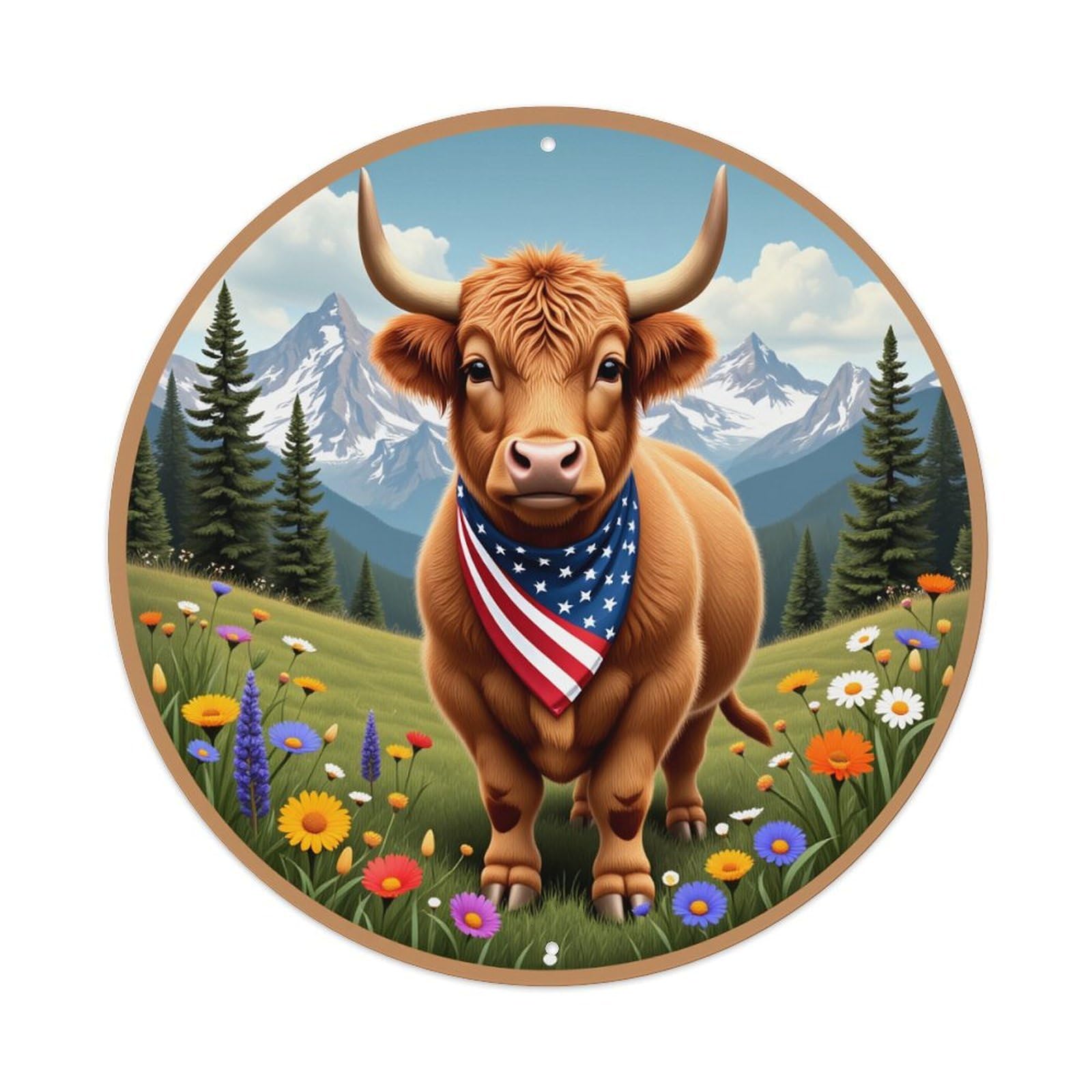 American Flag Bandana Bull Mountain Landscape Round Tin Sign Vintage Metal Poster, Home Bar Garage Man Cave Cafe Indoor & Outdoor Wall Decoration 8x8Inches