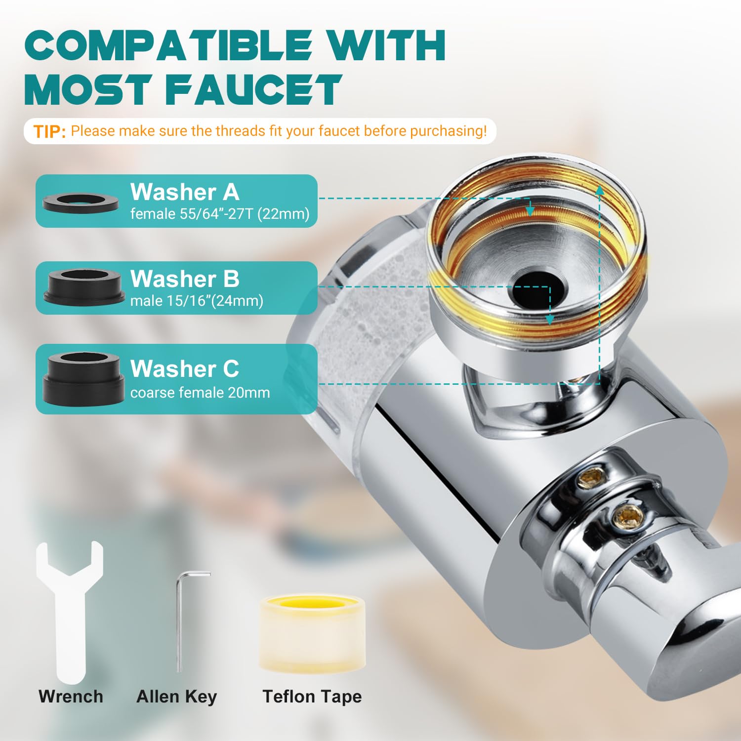 AIDUCHO 1080° Rotating Faucet Extender & Water Filter, 2-Spray Mode Aerator with Robotic Arm, Universal 3-Size Fit, Removes Chlorine & Impurities for Skin Care & Kitchen