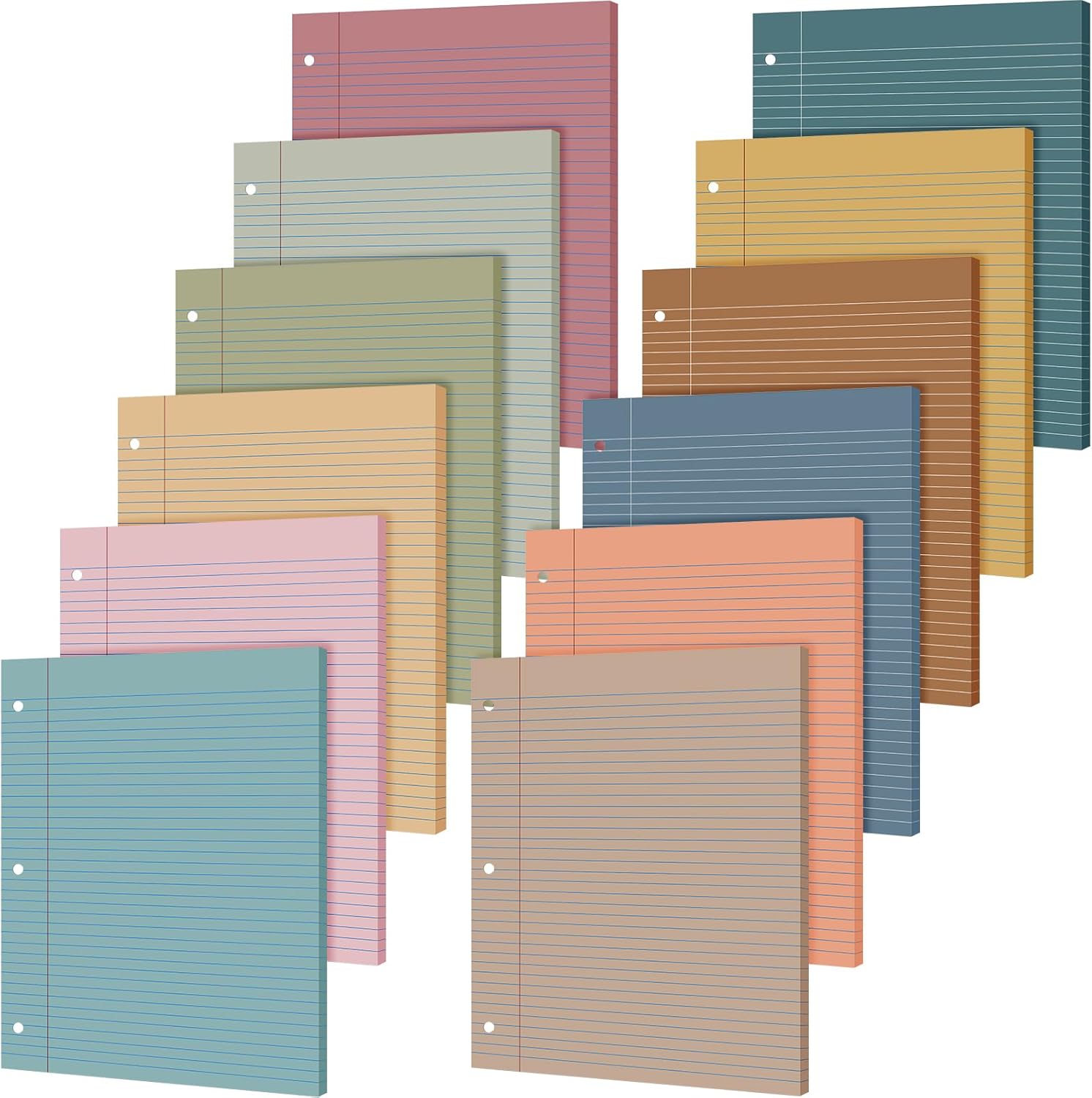 PerKoop 12 Pack 600 Sheets Colored Loose Leaf Paper College Ruled 8" x 10.5", Pastel Colorful Lined Writing Paper 3 Hole Punched Filler for 3 Ring Binder School Office Supplies(Natural Color)