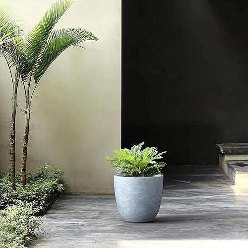 10" W redonda pizarra gris hormigón/fibra de vidrio plantador elegante al aire libre interior