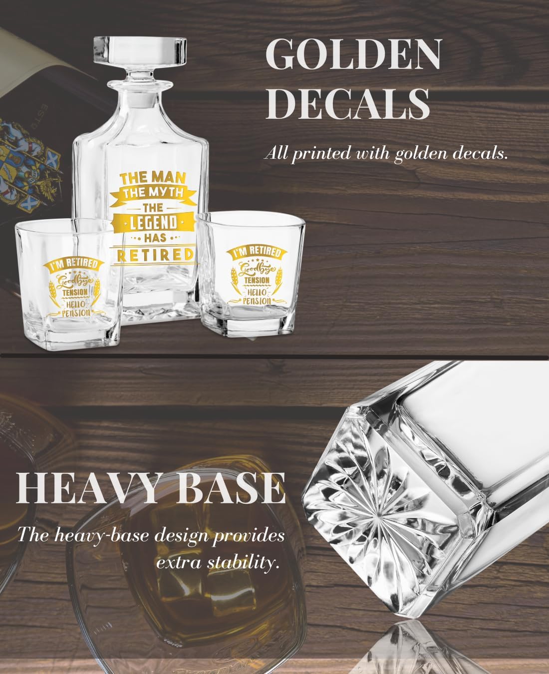 Onebttl Retirement Gifts for Men, Retirement Whiskey Decanter Set, Gifts for the Retired, 25oz/750ml Decanter with Stopper and 2 Glasses for Liquor, Bourbon, Whiskey on Christmas, Father's Day - Image 4