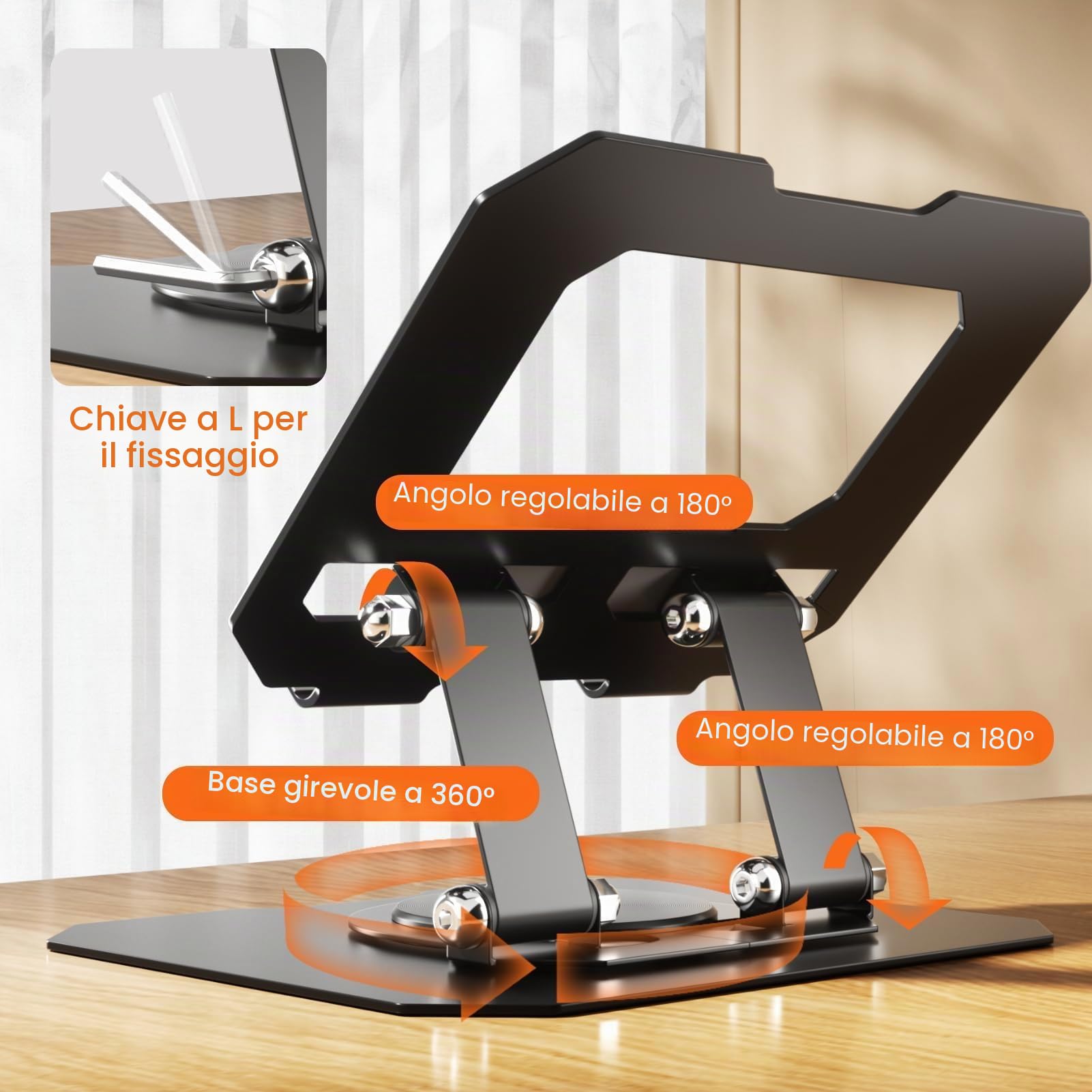GlasFlength Supporto Tablet con Base Girevole 360°, Regolabile e Pieghevole per iPad iPhone Kindle 4-12,9'' Nero