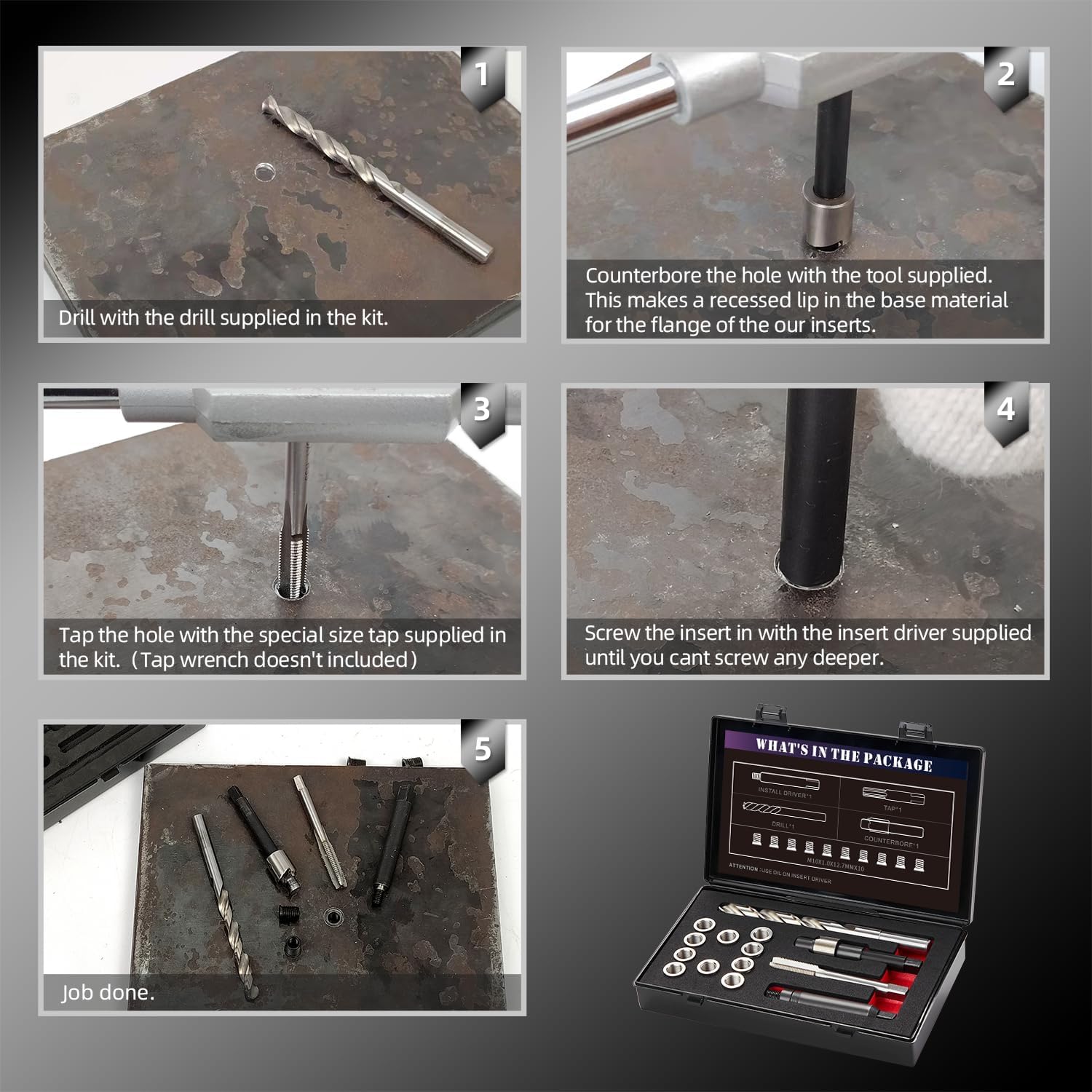 M10X1.0X12.7MM Thread Repair Kit with Insert HSS Drill, Tap, Counterbore, Installation Driver, Metric, 20PCS Stainless Steel Insert M10X1.0X12.7MM