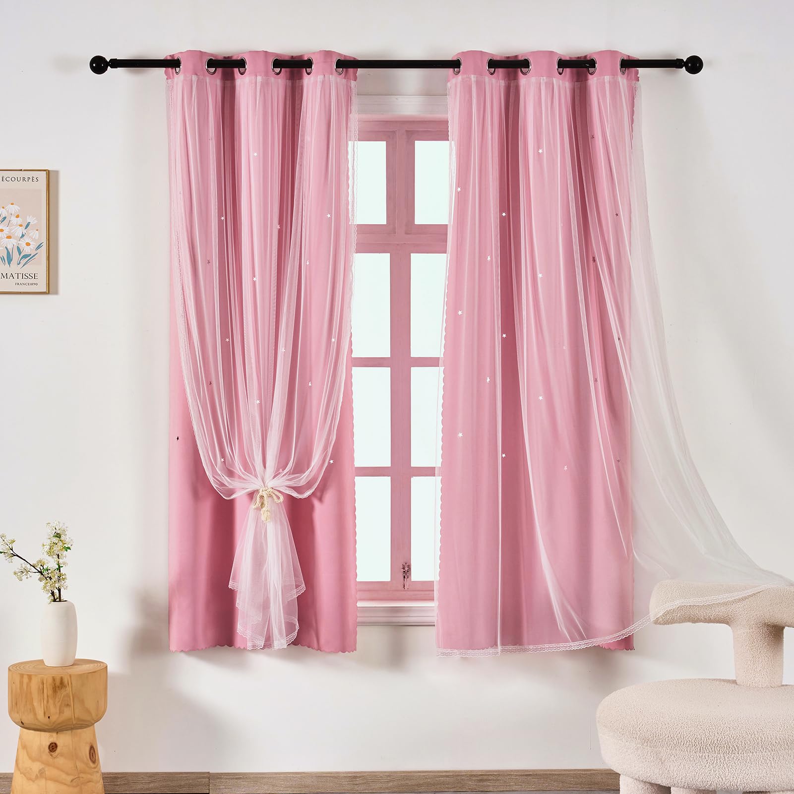 indistar Colourful Stripe Star Cut-Out Blackout Curtains for Bedroom,2 Layers Mix Design of Fabric &amp; Tulle,Pretty Window Curtain for Kids Room 1 Panel (W35 x L63 Pink)