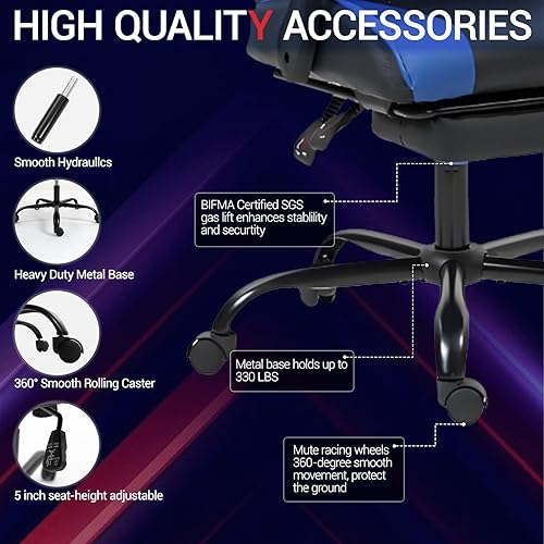 Miniatura 8 de Ernogomic - Silla de juegos con reposapiés de piel sintética, silla de videojuegos de carreras con soporte lumbar, para hombres y mujeres, silla de