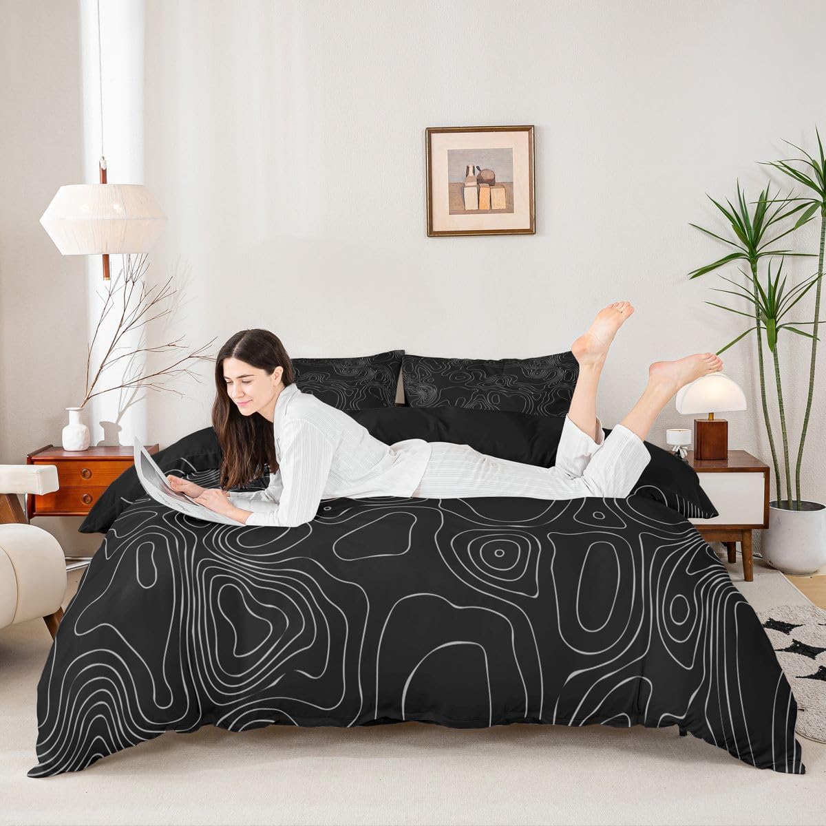 jejeloiu Galaxy Print Bedding Set for Kids Boys Girls Stylish Topographic Contour Design Comforter Cover Set Queen Size Geometric Duvet Cover Black White Bedding Collection 3Pcs