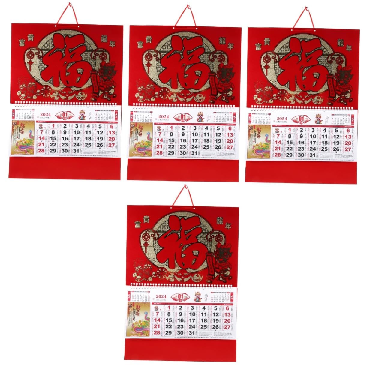 Housoutil 4 Stück Wandkalender Jahr Des Drachen Chinesischer Stil Dickes Material Langlebig Neujahrsgeschenk Wandkalender zum Aufhängen Traditioneller Mondkalender für Zuhause und Büro
