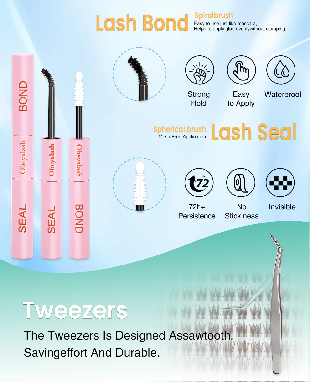 Obeyalash Sztuczne rzęsy brązowe rzęsy - zestaw do przedłużania rzęs 144 szt. brązowe lash klaster zestaw C Curl Clear Band Cluster Lashes Natural With Bond and Seal 8-16 mm DIY at Home (FD29)