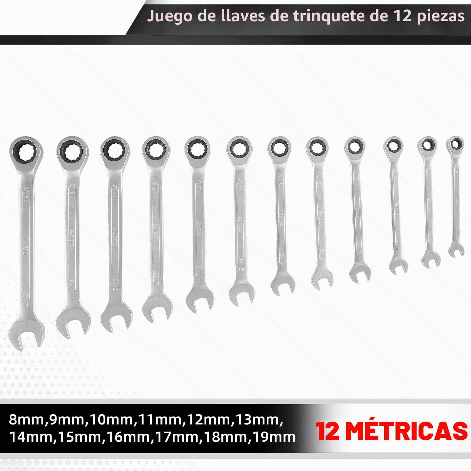 CCLIFE Juego de Llaves Fijas con Carraca combinadas de trinquete, 12 piezas 8-19 mm Cr-V 72 dientes