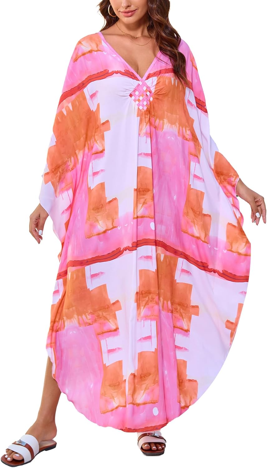 Moss Rose Caftan Coverup Dresses for Women V Neck Summer Swimsuit Kaftan Plus Size Maxi Beach Vacation Clothes