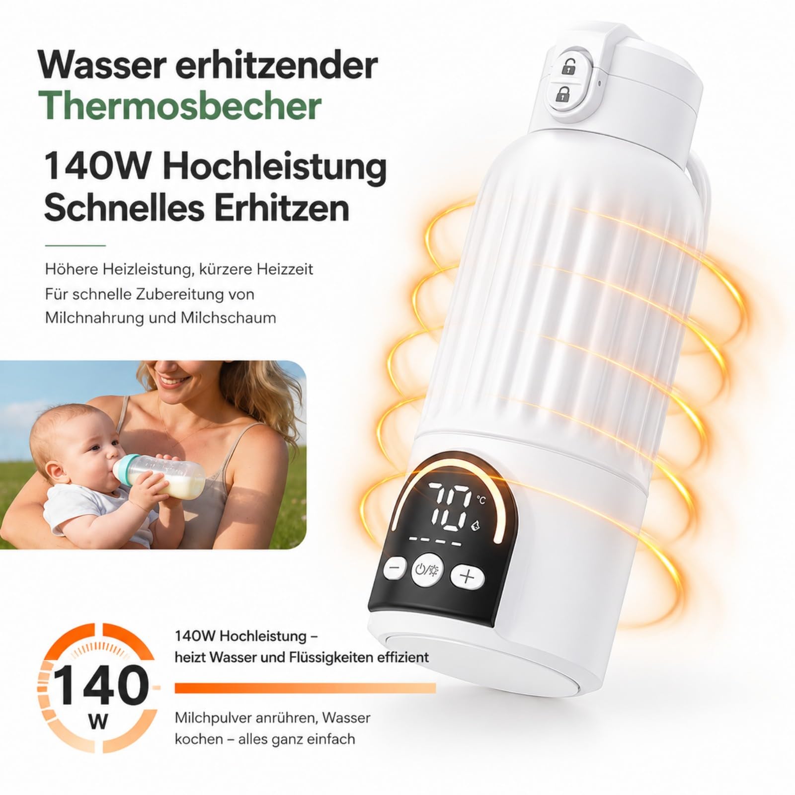 Tragbarer Flaschenwärmer Baby für unterwegs, 500 ml Flaschenwärmer mit 12000 mAh Akku, 140 W Schnellaufheizung, 316 Edelstahl, 11 Temperaturstufen, für Muttermilch und Wasser, Weiß