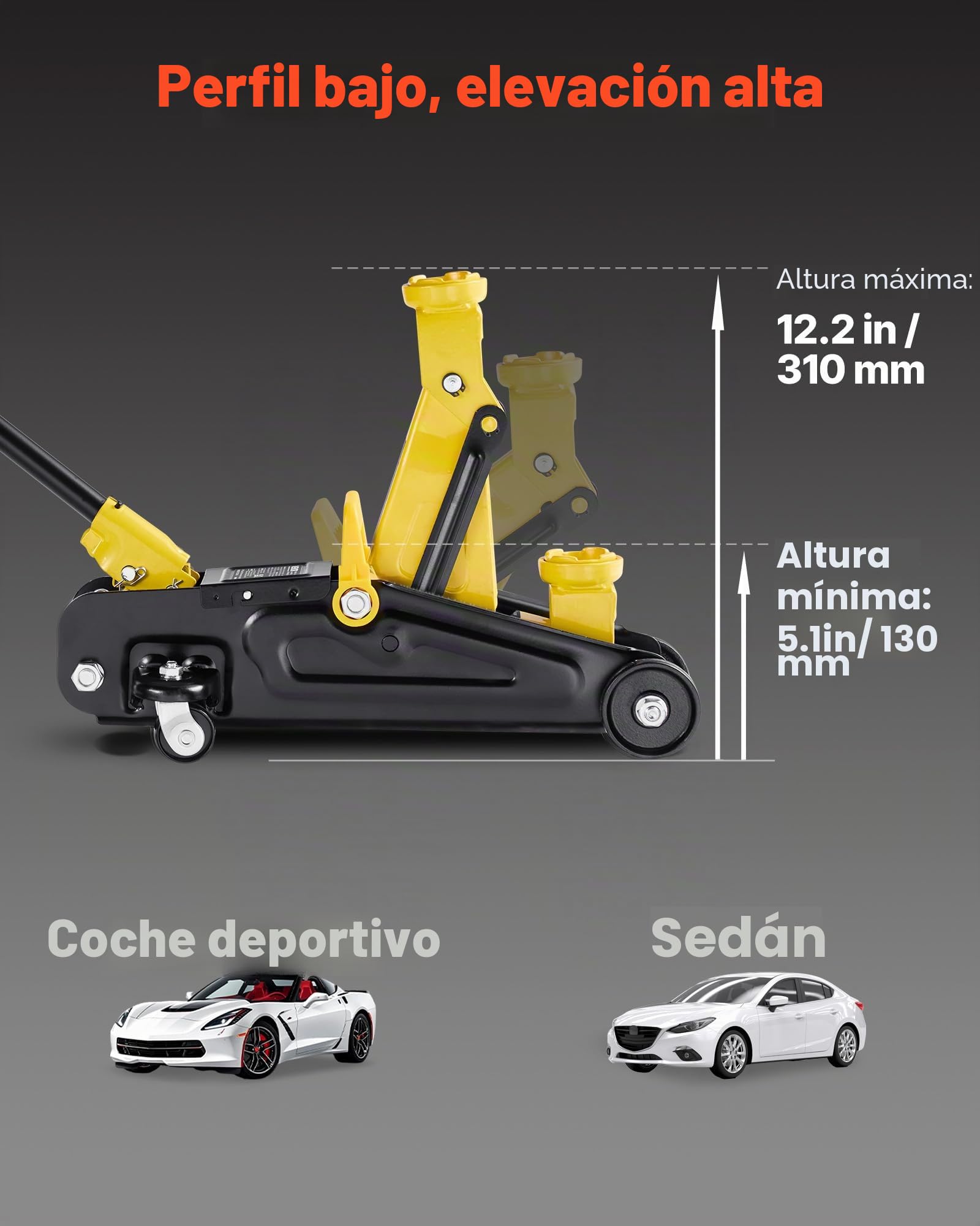 VEVOR Gato Hidráulico de Perfil Bajo Capacidad de Carga de 1,5 T, Gato de Acero para Coches, Bomba de Elevación Rápida de Un Solo Pistón, Rango de Elevación 130-310 mm, para Automóviles, Vehículos