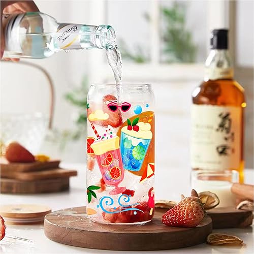 Miniatura 5 de Taza de café helado, tazas de vidrio con tapa de bambú y pajita, juego de 6, vasos de cerveza de 16 onzas, vaso iridiscente, vasos de vidrio para