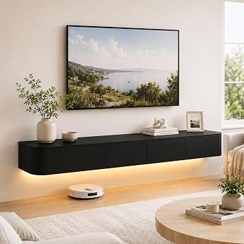 Floating TV Stand with LED Light for 55" 65" 75" 85" 98" TVs Solid Wood Wall Mounted Entertainment Center Modern Black/White Floating Media Console Shelf for Living Room BedroomBlack,94.5 inch
