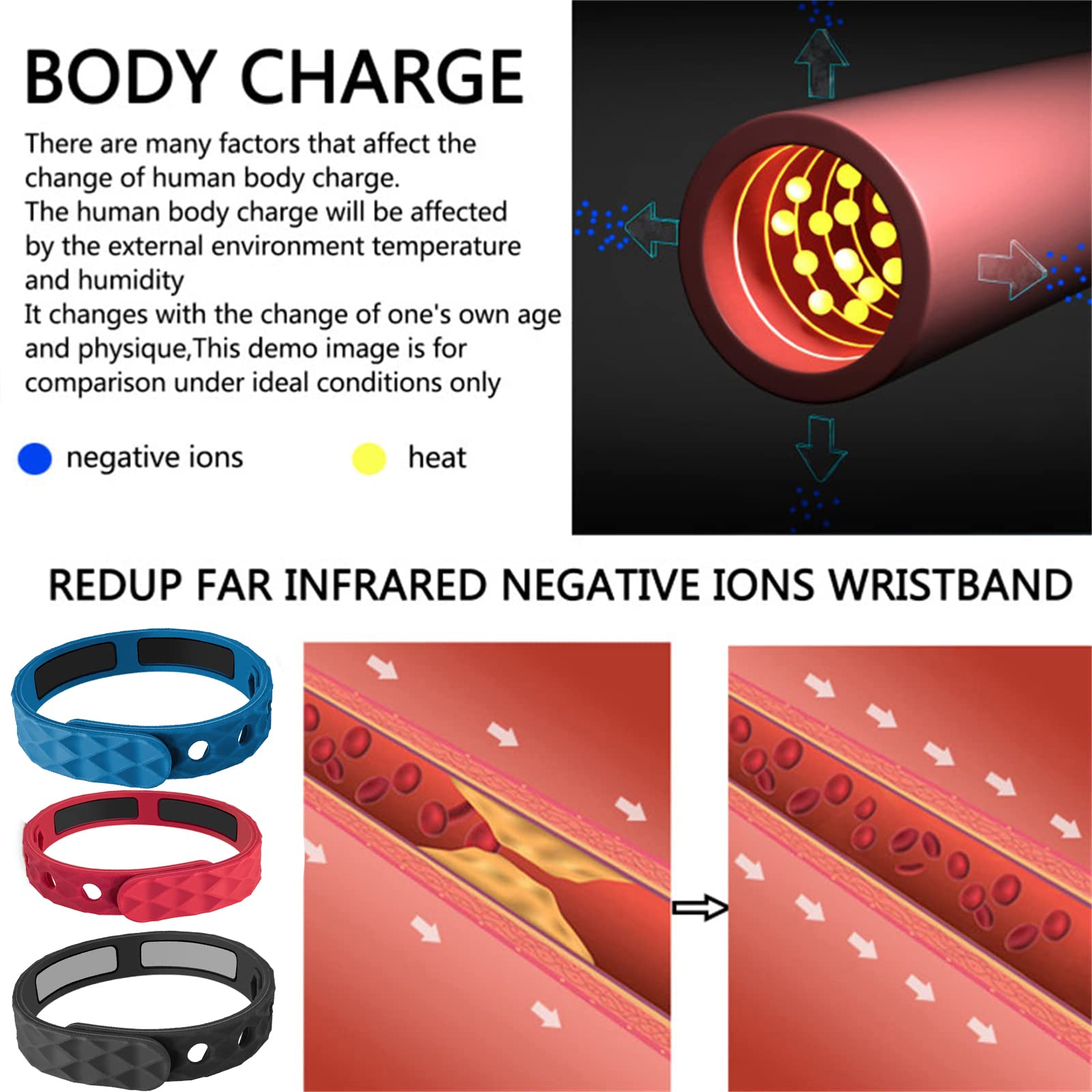 Bracelet à ions négatifs infrarouges lointains, bracelet à ions négatifs en silicone antistatique pour homme et femme (noir + bleu)