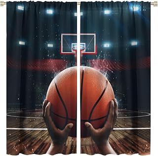 Cool Basketball Sports Rod Pocket Blackout Curtains for Living Room,Room Darkening Sports Court Wooden Floor Basketball Shooting Sports Window Treatment Drapes,2 Panels 84" L x 42" W
