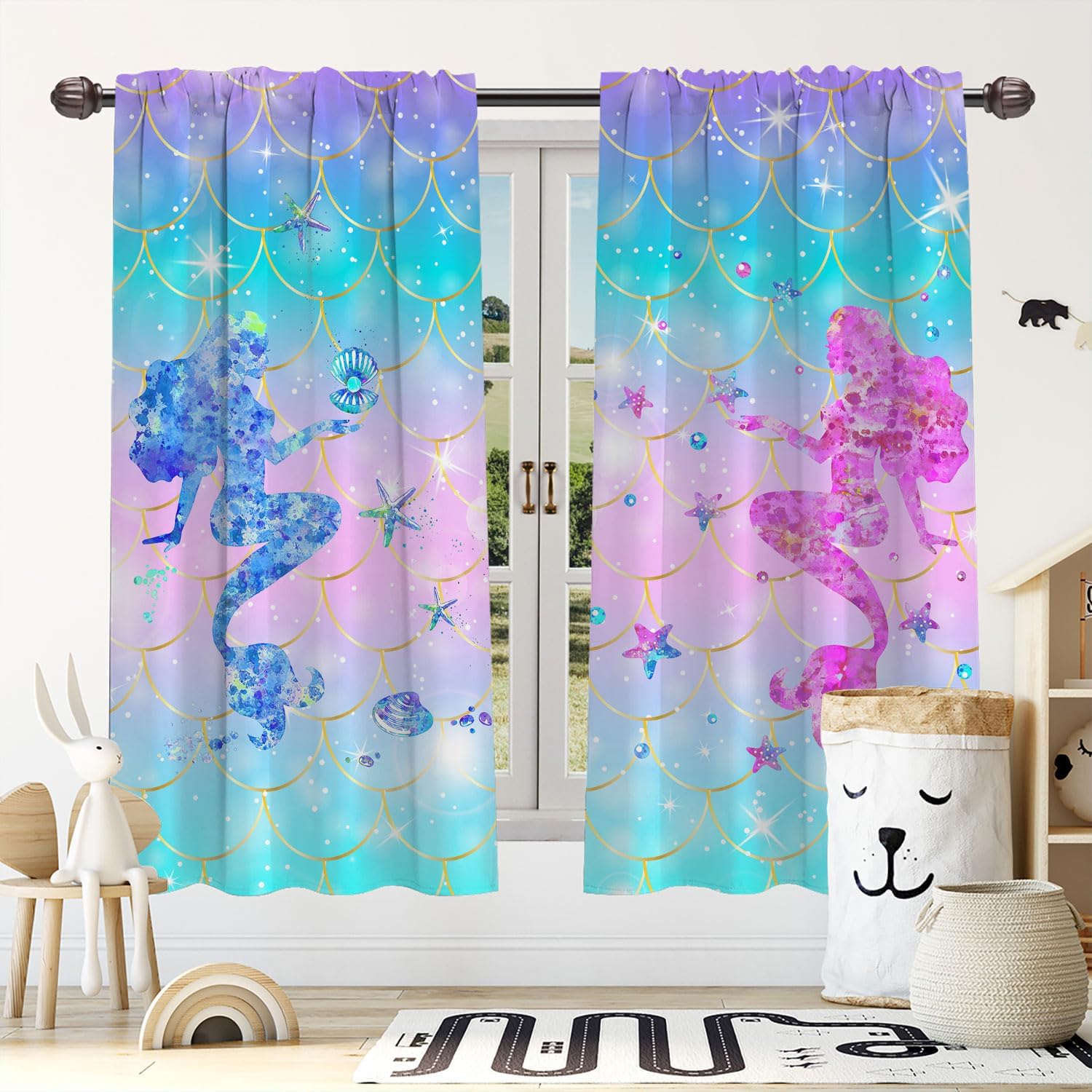 Mermaid Scales Blackout Curtains for Kid Girls Boys Bedroom, Magical Ombre Mermaid Fish Scale Rod Pocket Window Drapes for Bedroom Living Room, W42 x L45 Inch