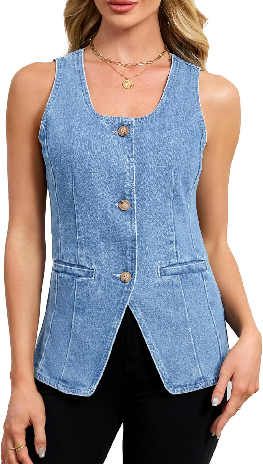 Kedera Denim Vest for Women Button Down Long Jean Waistcoat Casual Scoop Neck Sleeveless Denim Jackets Slim Fit Jean Top