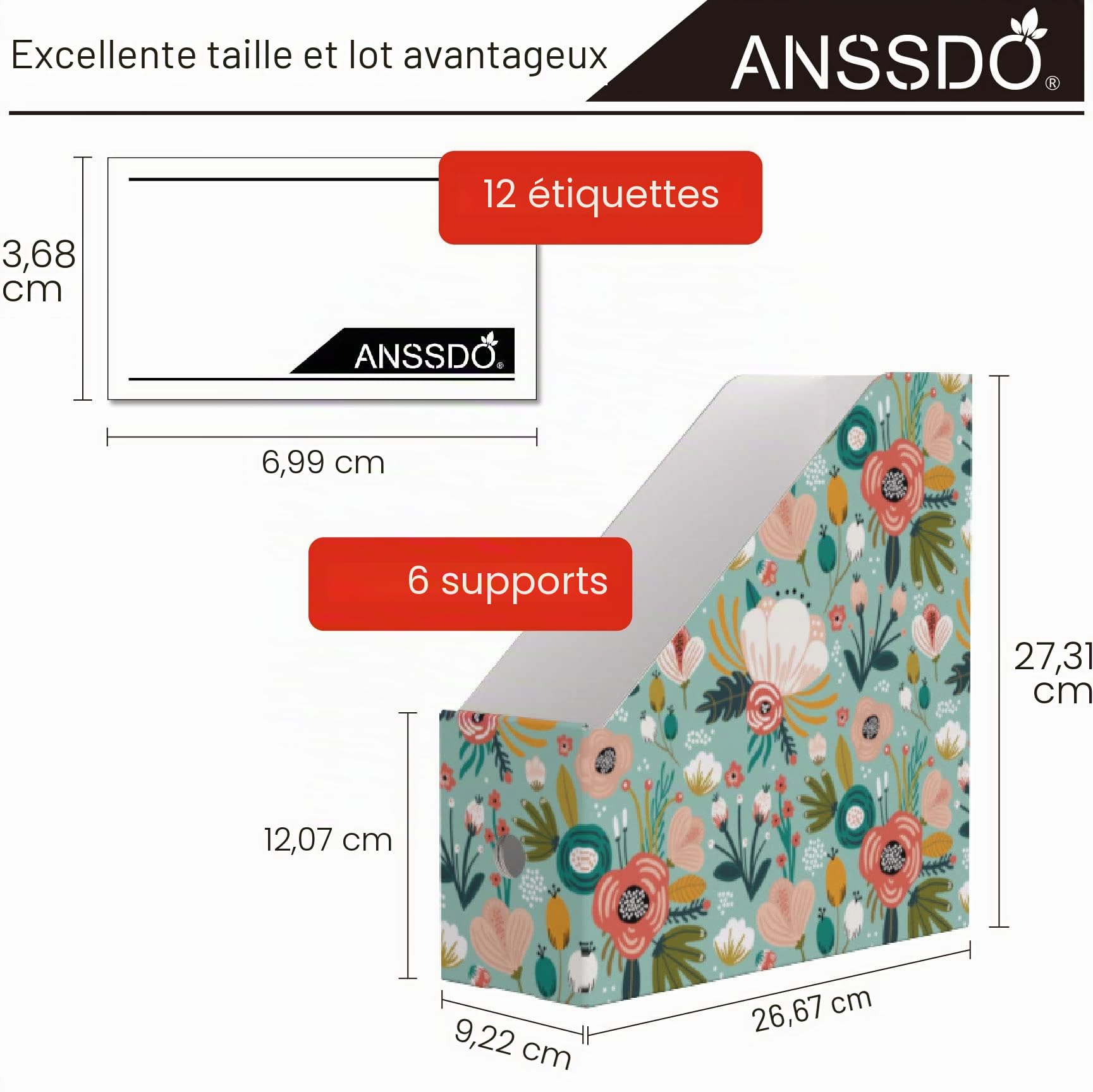 ANSSDO Lot de 6 porte-revues en carton – Organiseur de fichiers de magazines de qualité supérieure, grande boîte de rangement pour livres ou porte-dossiers pour bureau, motif floral bleu sarcelle