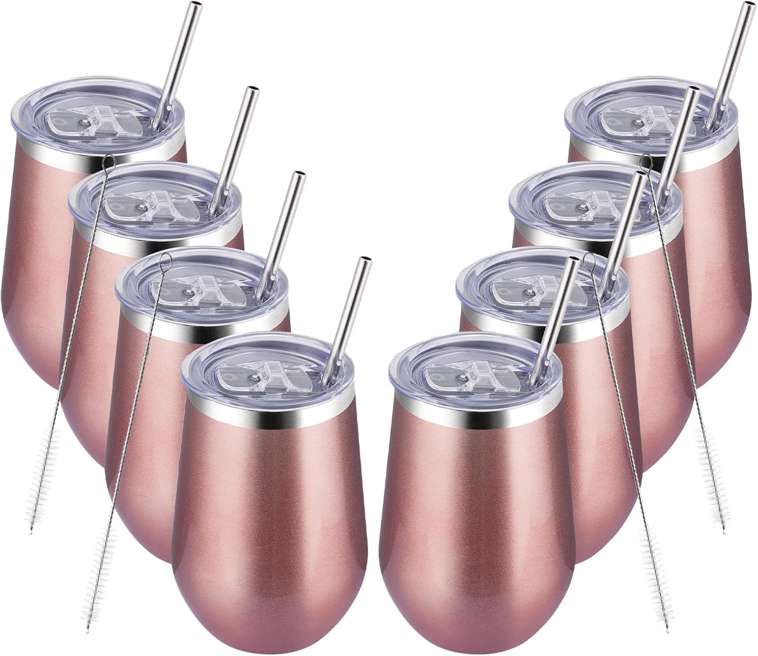 MEWAY 12oz Stainless Steel Wine Tumbler with Lid and Straw - Double Wall Stainless Steel Coffee Mug, Gift for Woman Under 10 dollars， 8 Pack Bulk tumblers(Rose Gold,Set of 8)