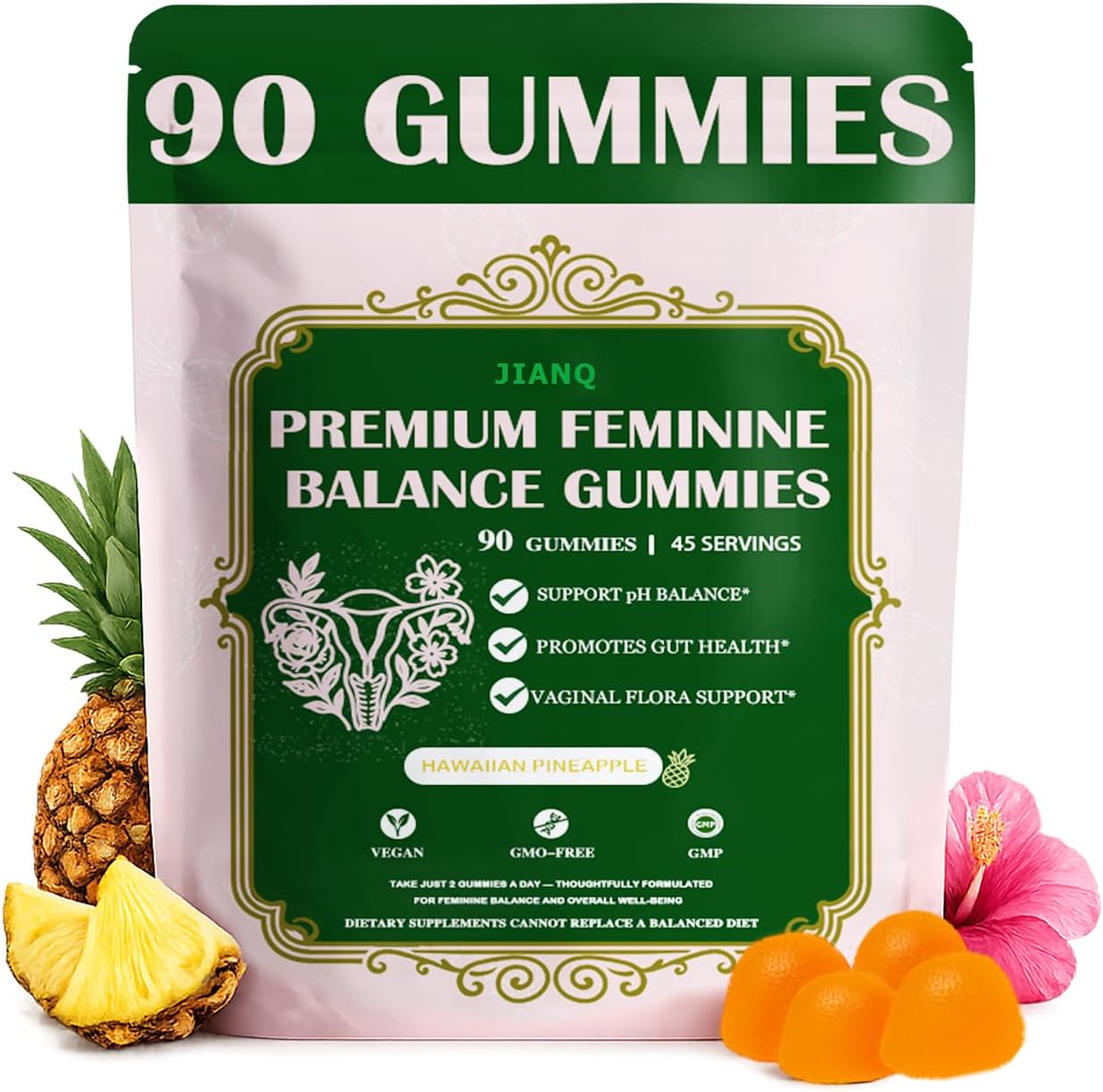 Premium Feminine Balance Gummies for Women - pH Balance Support & Vaginal Probiotic with Hawaiian Pineapple Flavor, Vegan, Gluten-Free – 90 Gummies (45 Servings)