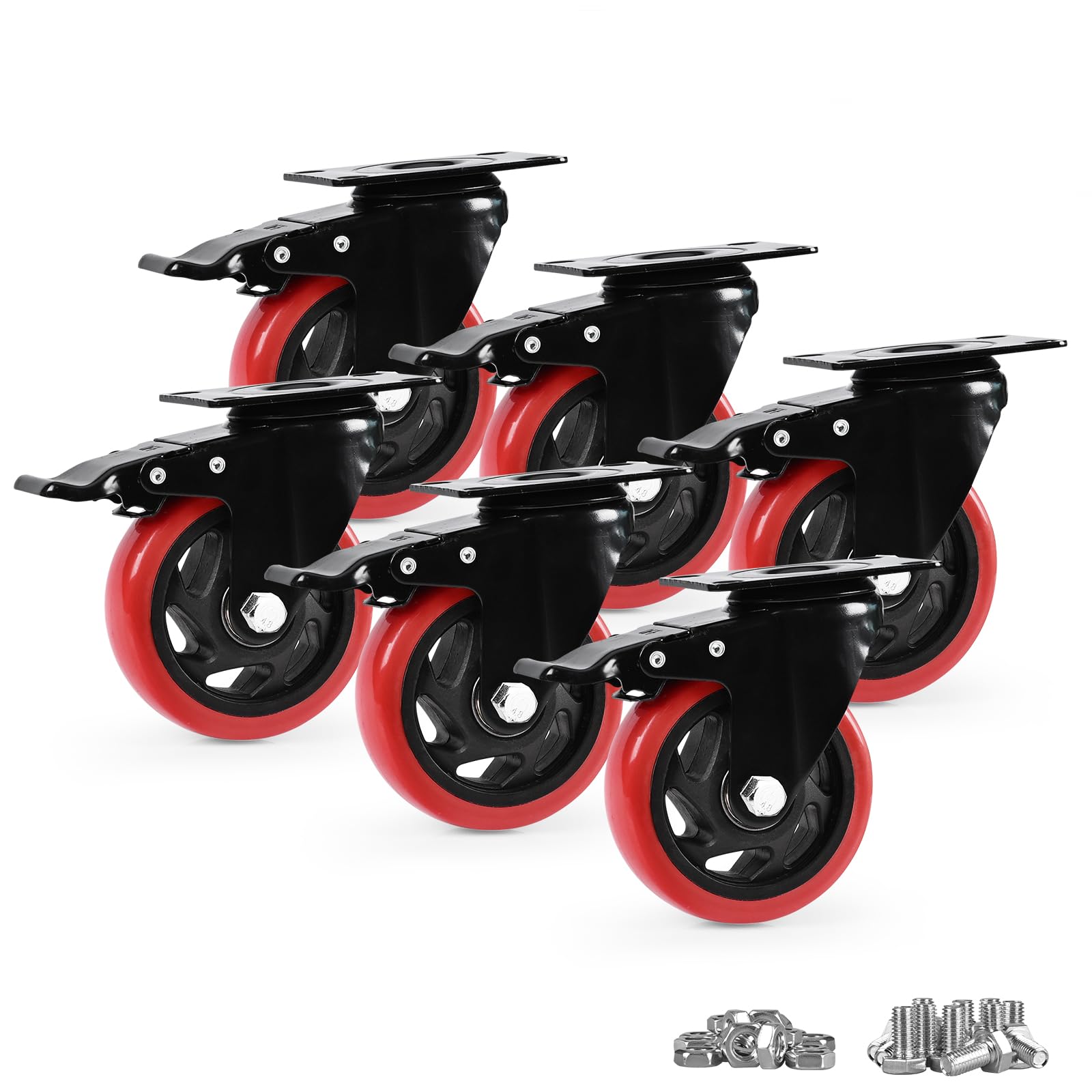 Caster Wheels, Heavy Duty 100mm Casters Set of 6, Locking Swivel Casters Wheels for Cart Furniture and Workbench, Red