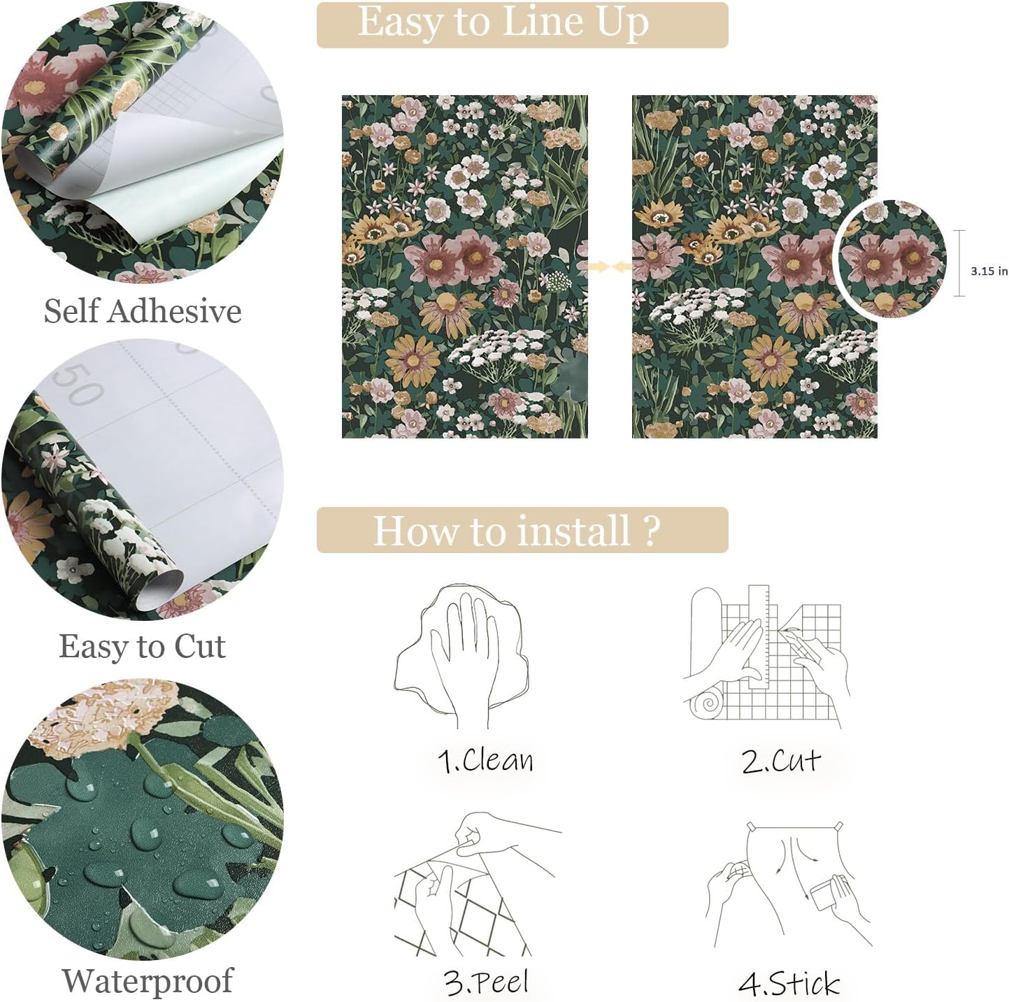 Orainege Vintage Floral Peel and Stick Wallpaper Boho 16.9inx393.7in Daisy Wallpaper Self Adhesive Floral Contact Paper for Bedroom Cabinets Accent Wall Removable