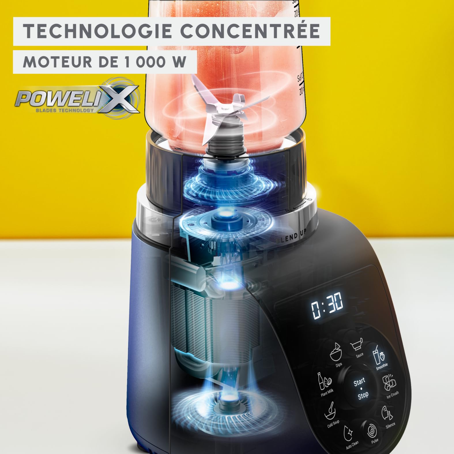 Moulinex Blend Up, Mini blender puissant, 1 000 W, 8 programmes automatiques, Glace pilée, couteau économe YY5608FG, Noir et Transparent
