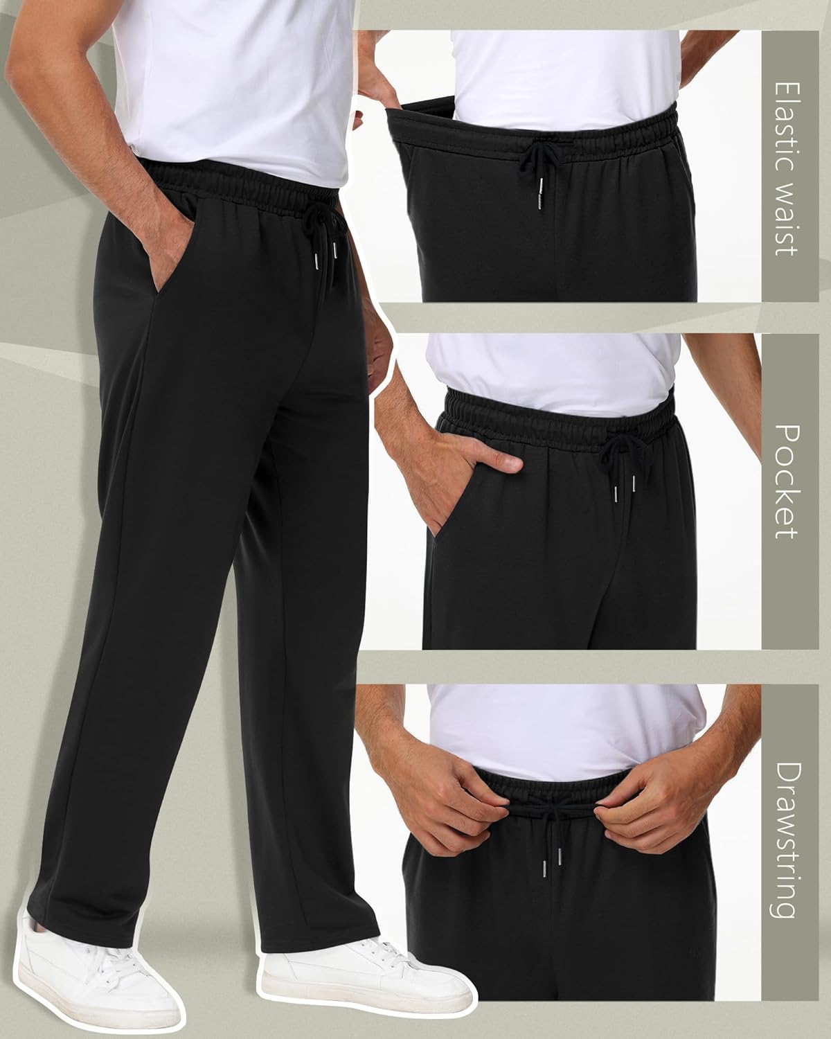 Neer 3 Pack Big and Tall Men's Sweatpants Elastic Waist Wide Leg Open Bottom Pants Athletic Workout Joggers with Pockets - Image 2