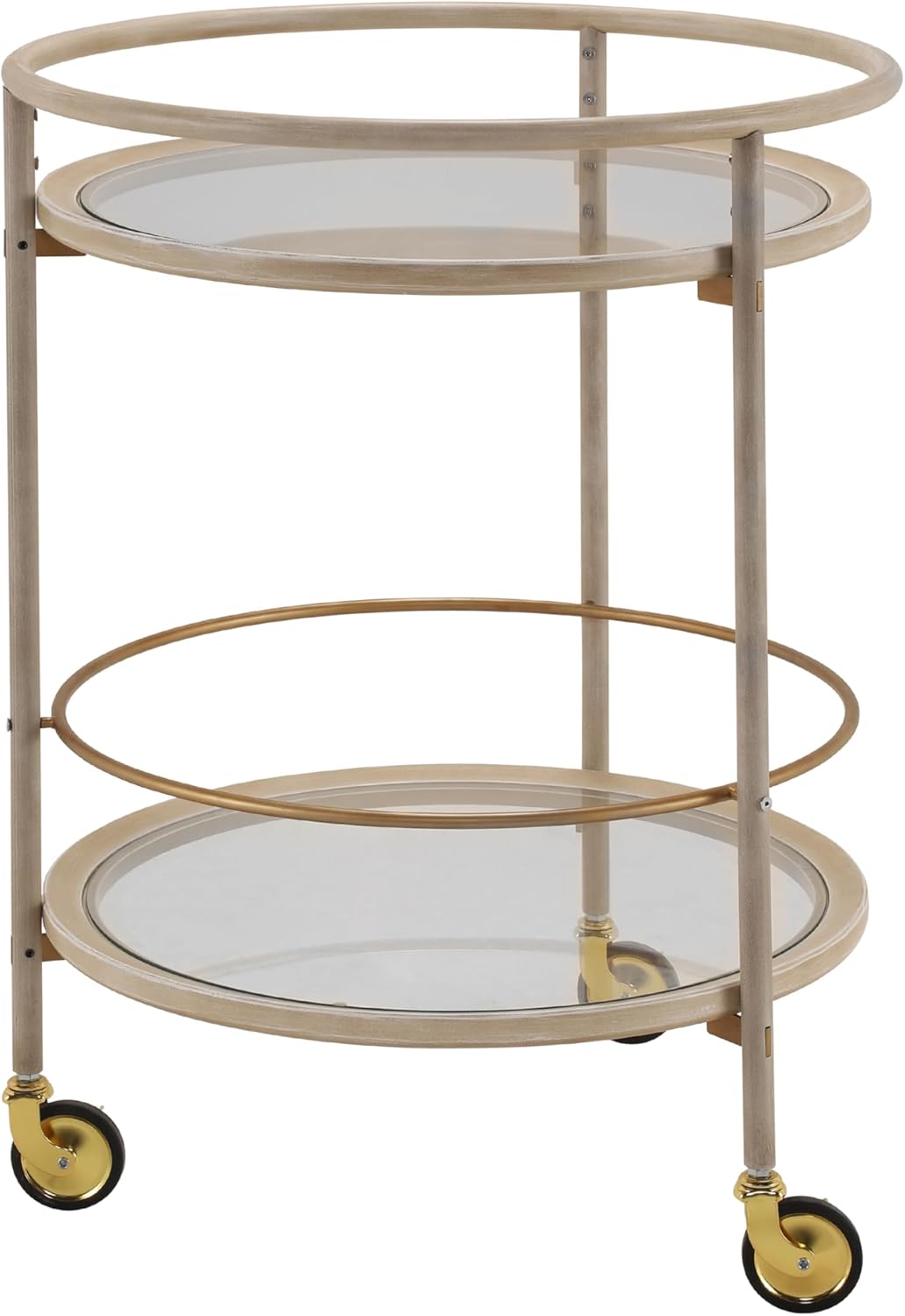 GDFStudio Round Bar Cart with Dual Tempered Glass Shelves, Gold Metal Accents and Lockable Wheels, Distressed White Finish Modern Beverage Trolley for Living Room, Dining Room or Kitchen