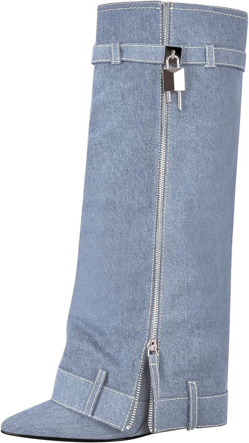 Richealnana Women's Denim Fold Over Knee High Boots Zipper Lock Pointed Toe Wedge Heel Long Boots