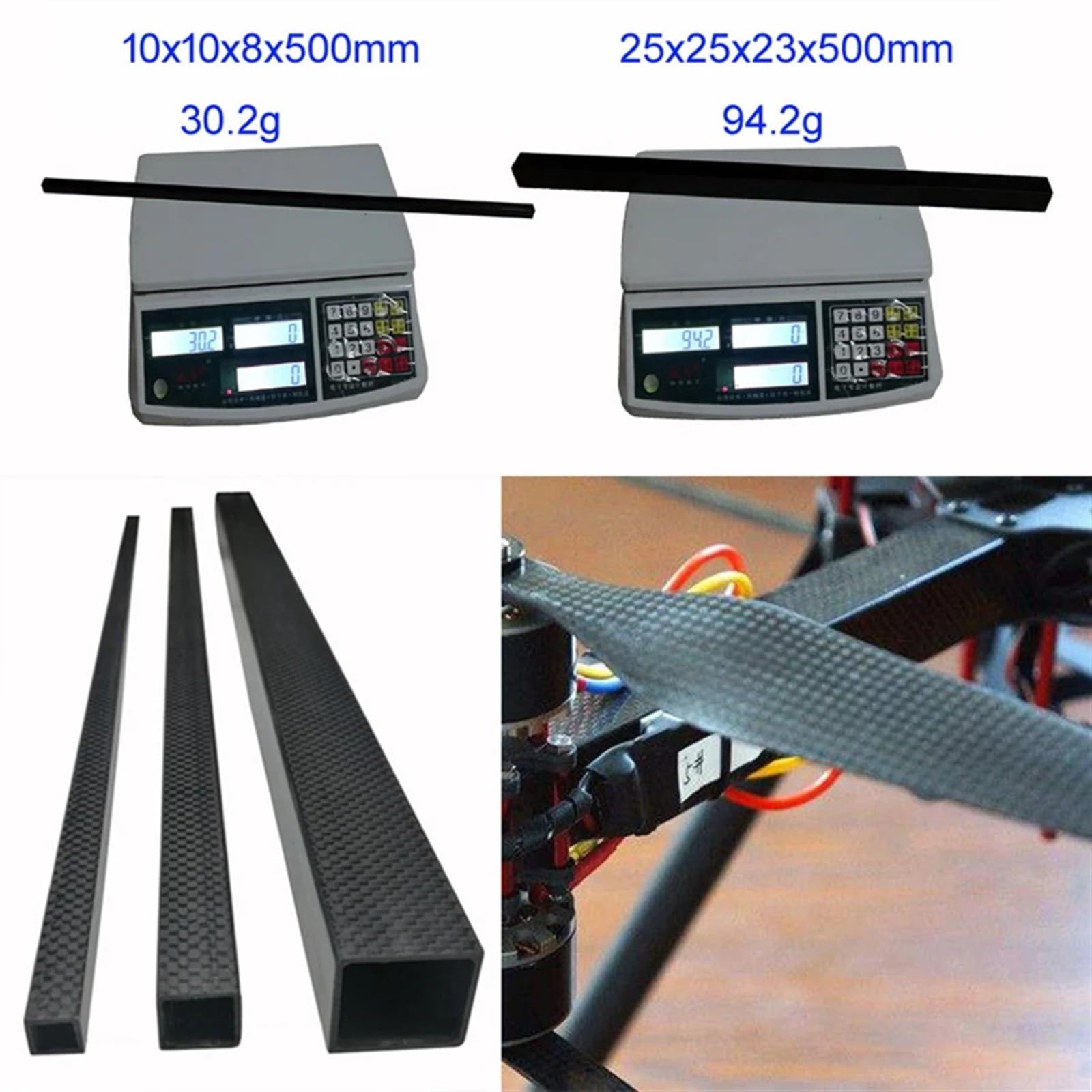 Tubo Cuadrado De Fibra De Carbono Tubo cuadrado de fibra carbono 3K 4 piezas con superficie brillante y alta resistencia, longitud tubo 500 mm(4pcs 10x10x8mm)