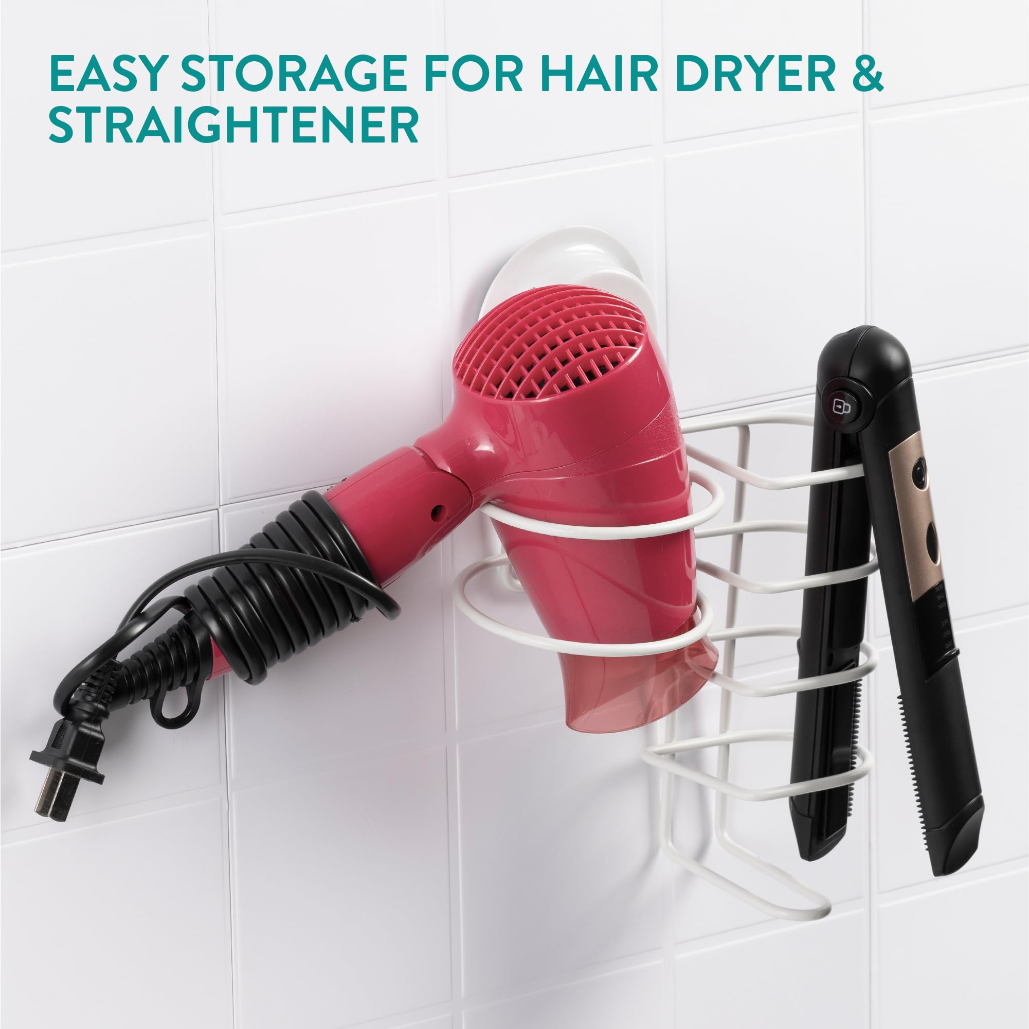 Navaris Porta Phon Piastra con Ventosa Ø 8 cm - Cestino Adesivo Muro/Vetro Cura Capelli - Porta Asciugacapelli Portapiastra Cromato per Parrucchieri - Senza Foratura - Bianco