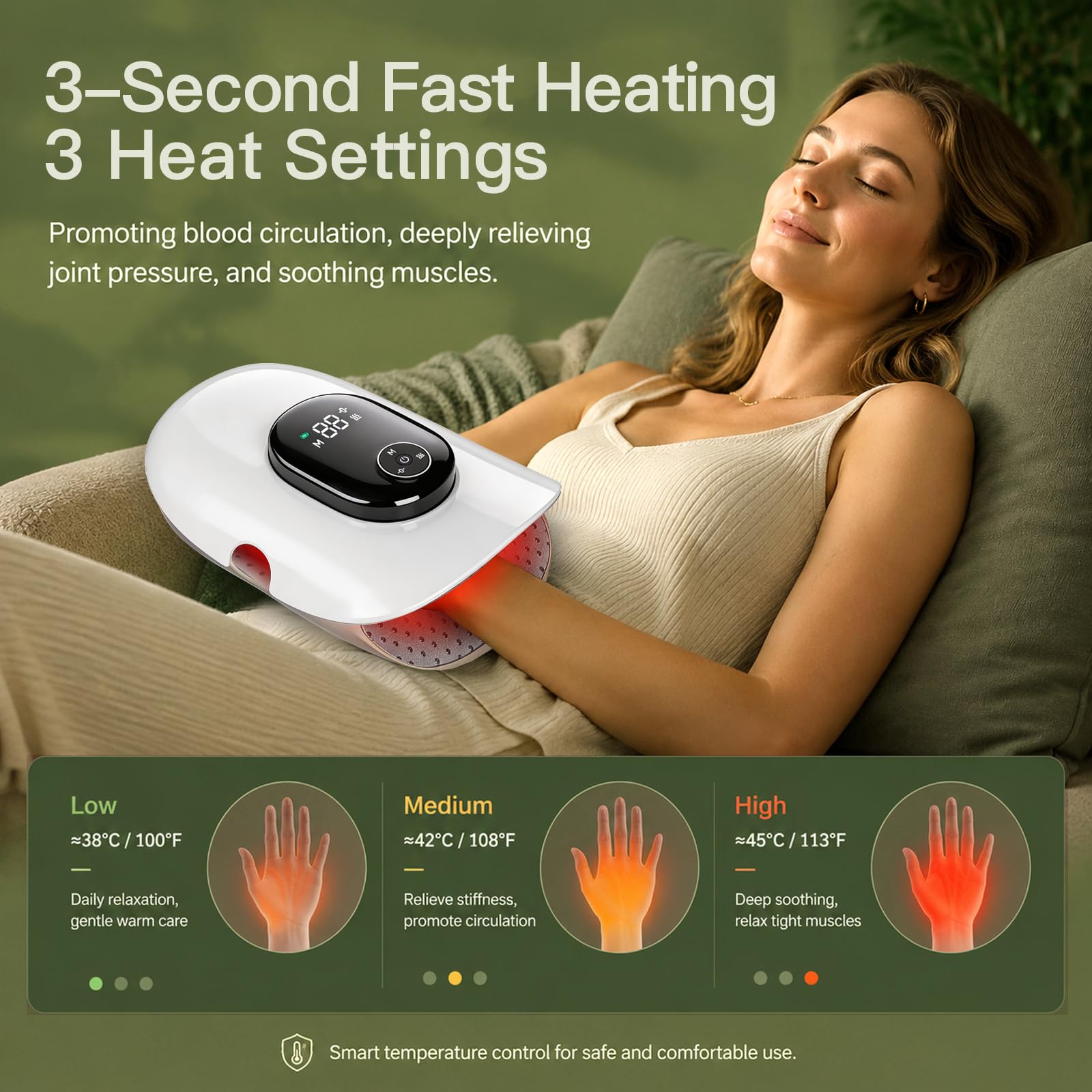 Handmassagegerät mit Wärme und Kompression, Fingerdehnung und Knöcheldehnung, 4 Massage- und 5 Kompressions- und 3 Temperaturmodi, Geschenke für Frauen und Männer (Weiß)