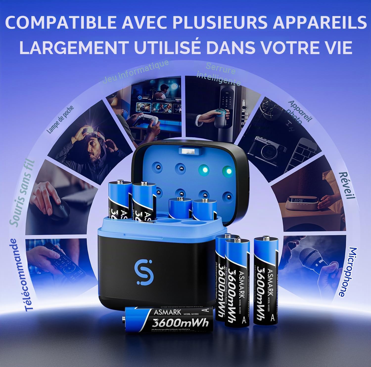 Lot de 8 piles AA rechargeables au lithium avec chargeur de piles au lithium et NiMH - Boîte de rangement de 3600 mWh - Batterie Li-ion AA longue durée
