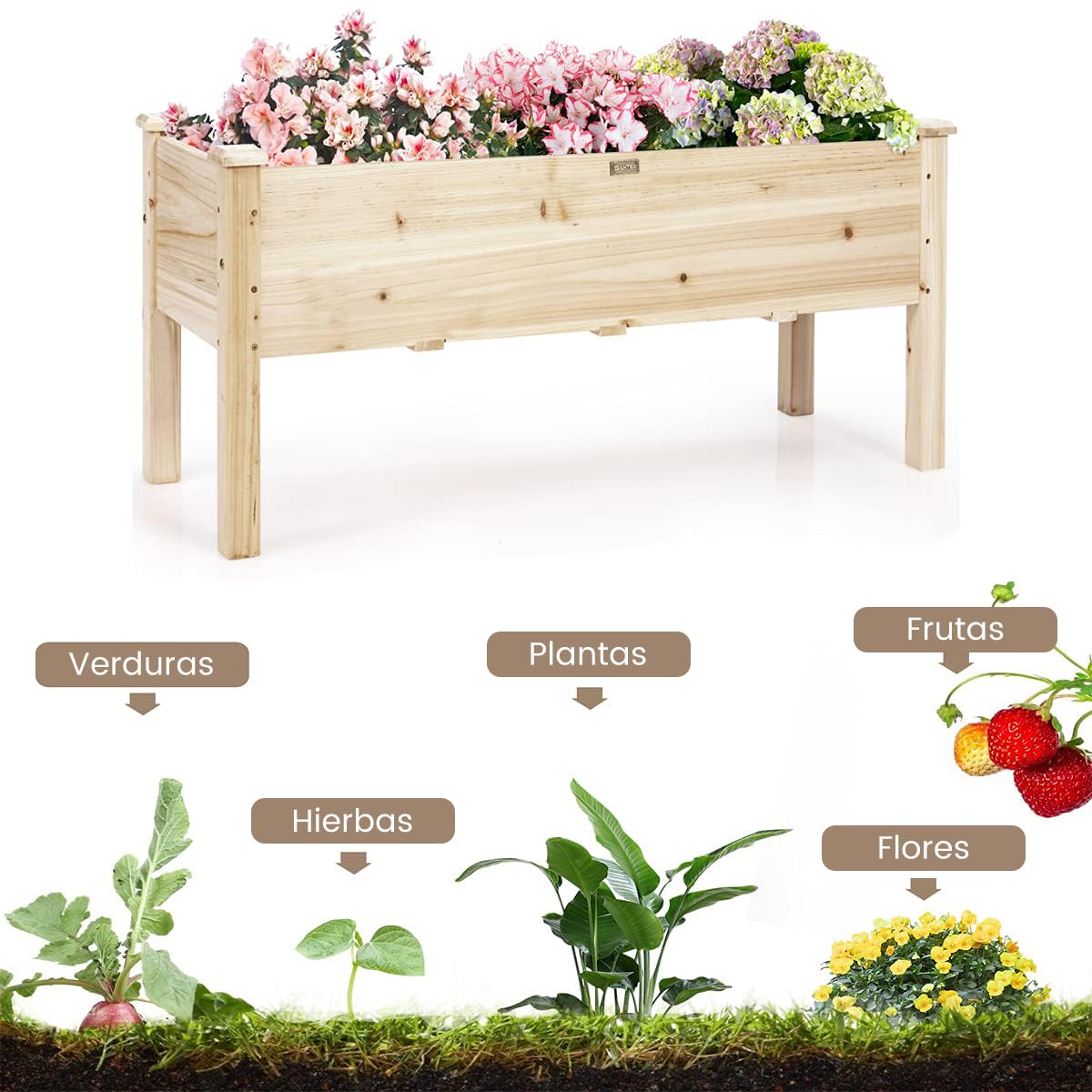 RELAX4LIFE Huerto Urbano de Madera de Abeto 120x43,5x51cm, Jardinera Elevada con 5 Agujeros de Drenaje para Verduras, Flores, Frutas, Mesa de Cultivo para Adultos y Niños, Carga 100kg