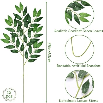 12Pcs Artificial Italian Ruscus Greenery Stems, 25 Faux Silk Green Leaves