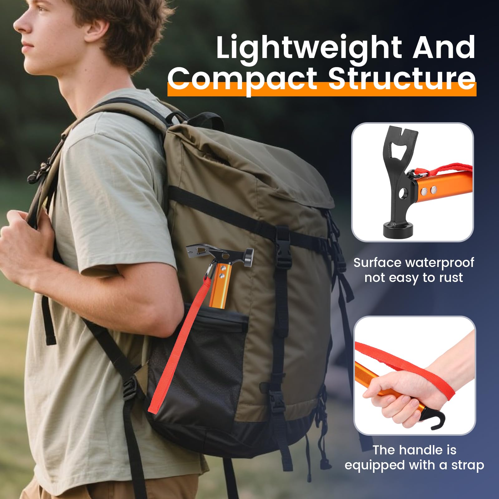 Camping Hammer Zelthammer mit Heringsauszieher Handschlaufe Robuster Zelt Hering Hammer für Zelt, Hartboden, Outdoor(Orange)