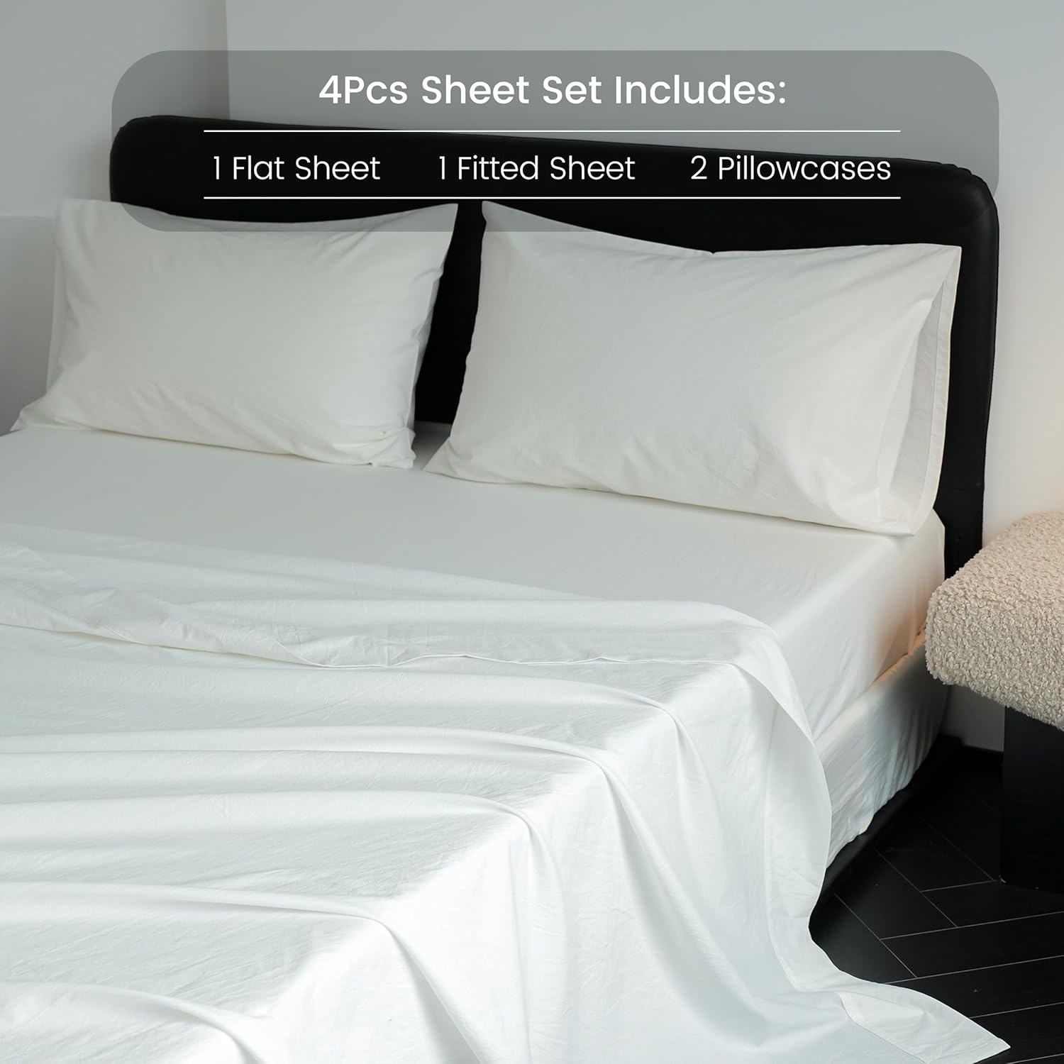 FALUCA 100% Cotton Washed Sheet Set - Linen Feel Soft & Comfy Bedding, Deep Pocket Fits Mattress up to 17", 4 PCS Breathable Moisture-Wicking Durable Sheet Set(White, King)