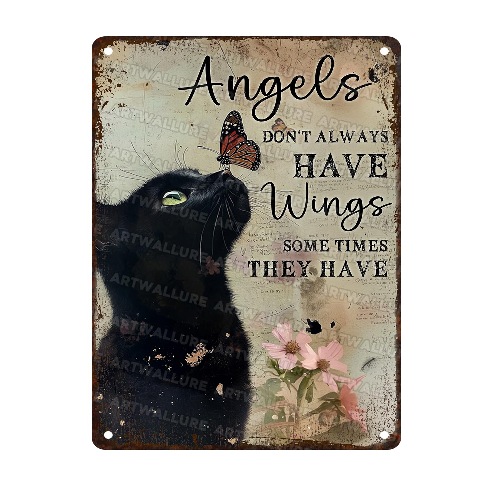 Vintage Black Cat Metal Tin Sign Cat Lover Decor Retro Metal Poster Angels Don't Always Have Wings Sometimes They Have Whiskers Print Poster for Man Cave Home 12x16inch