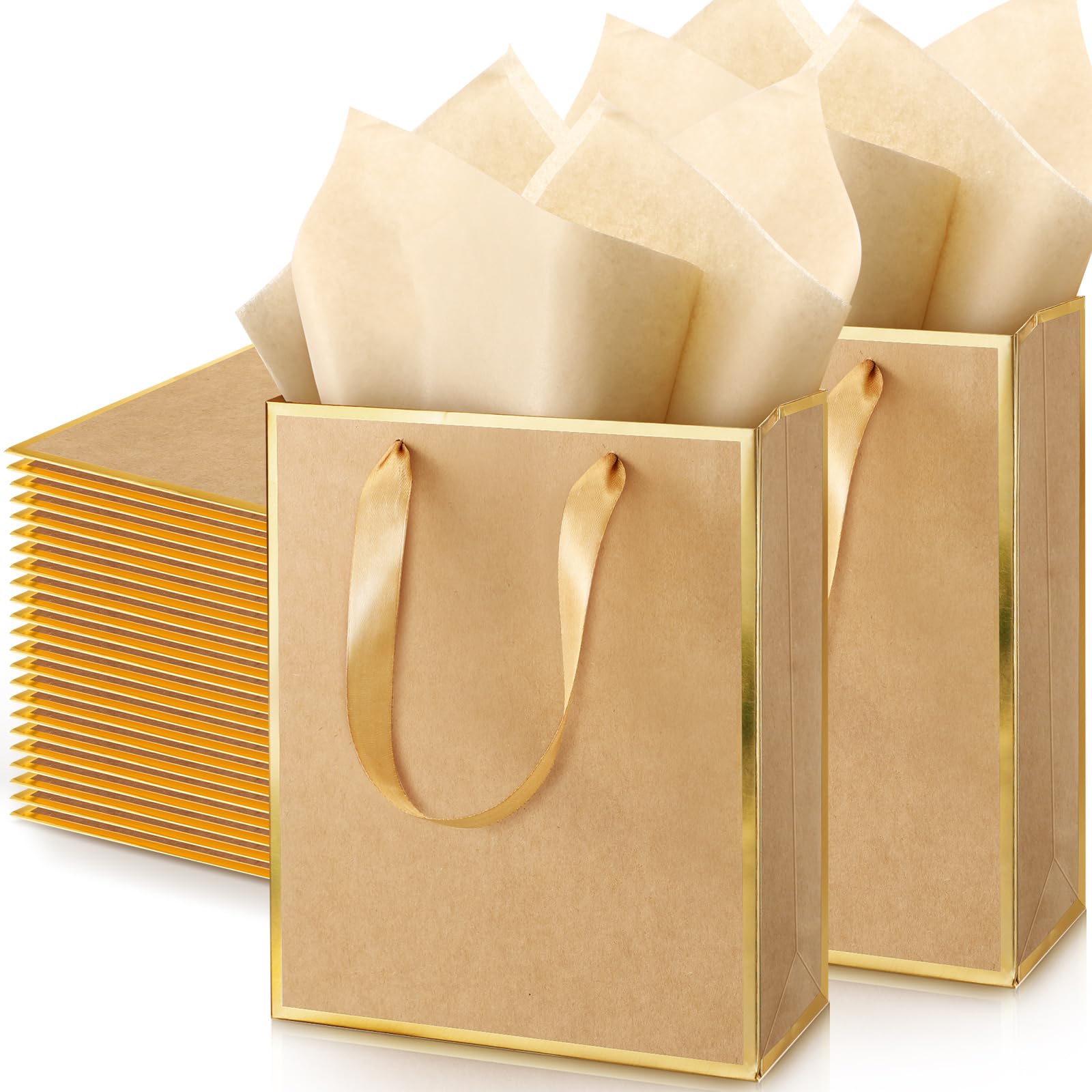 Yeaqee 50 Pack Metallic Gift Bags with Handles and Tissue Paper Gold Foil Thank You Gift Bag for Wedding Hotel Guest Fall Birthday Baby Shower Holiday Party Favors, 9x7x3.15'' (Kraft and Gold)