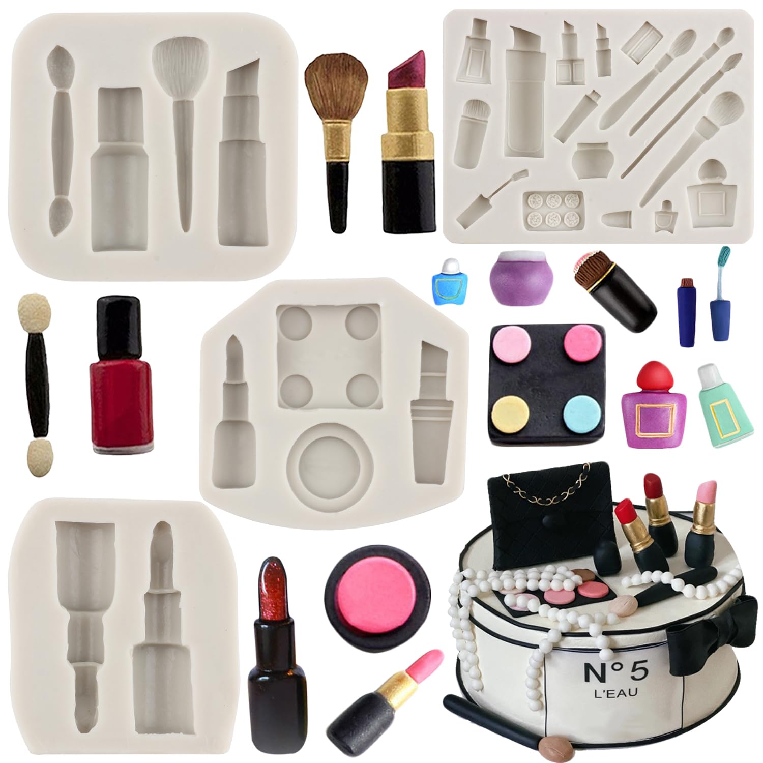 MYPRACS Makeup Theme Silicone Moulds Lipstick Perfume Eyelash Brush Nail Polish Fondant Mould for Cake Decorating Cupcake Topper Candy Chocolate Gum Paste Polymer Clay Set of 4