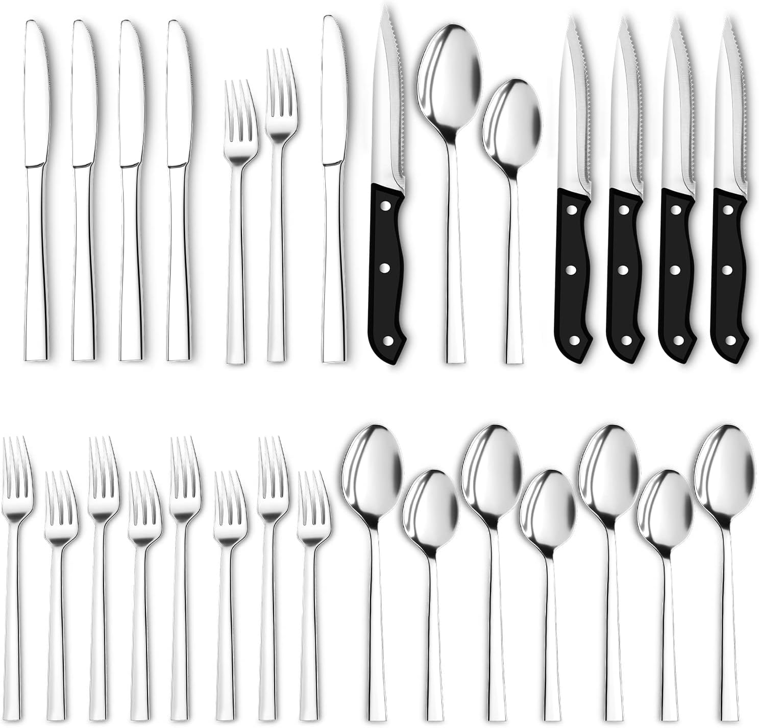 Utopia Kitchen 24 Piece Silverware Set, Flatware Set with Steak Knives, Stainless Steel Utensil Sets, Mirror Polished Cutlery Set for Home, Kitchen, Restaurant, Dishwasher Safe - Silver