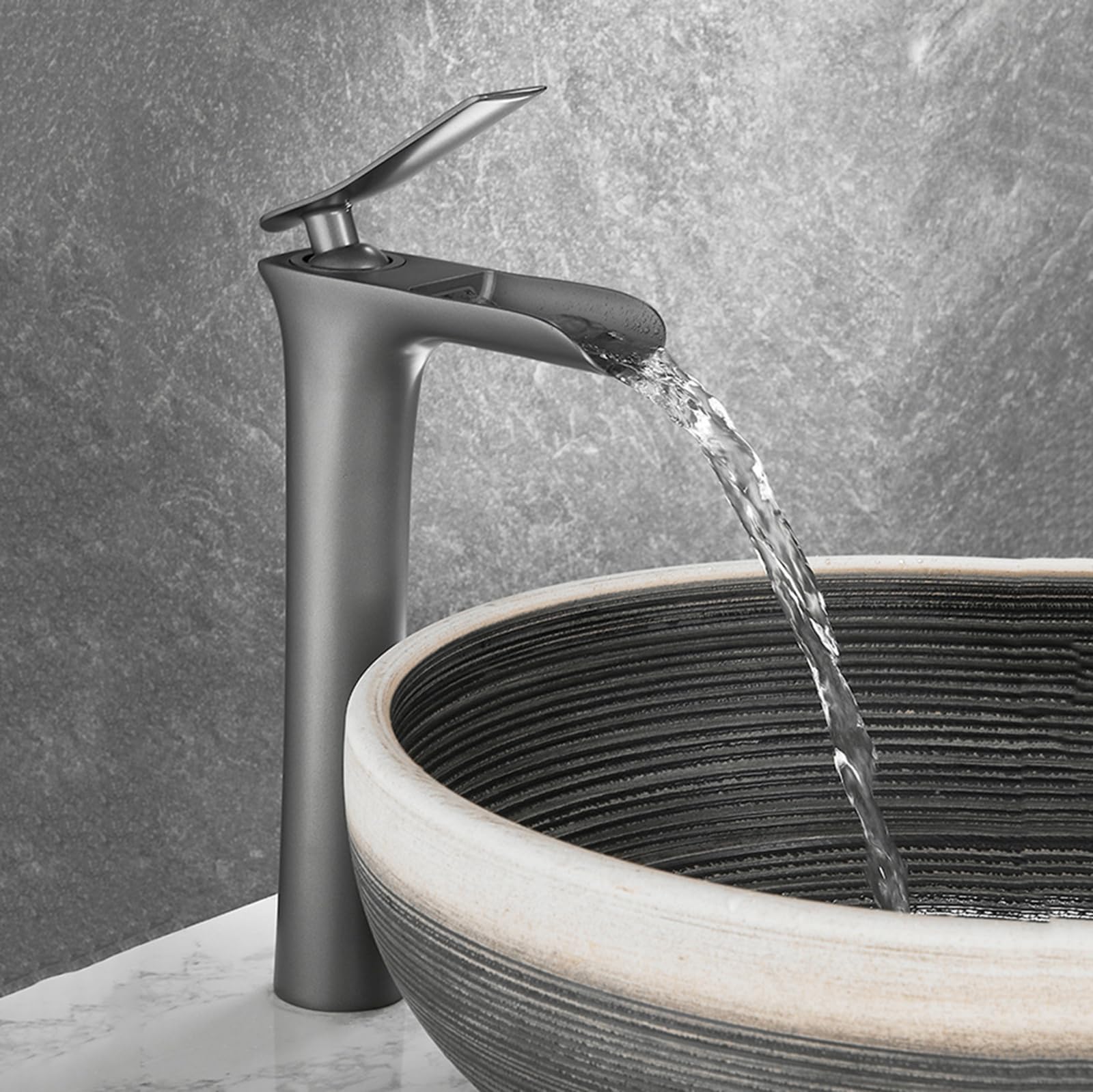 Grifo Lavabo Cascada, Abierto Frio Y Caliente Grifos para Lavabos de Baño Altos, Grifo Monomando De Latón,gris,alto