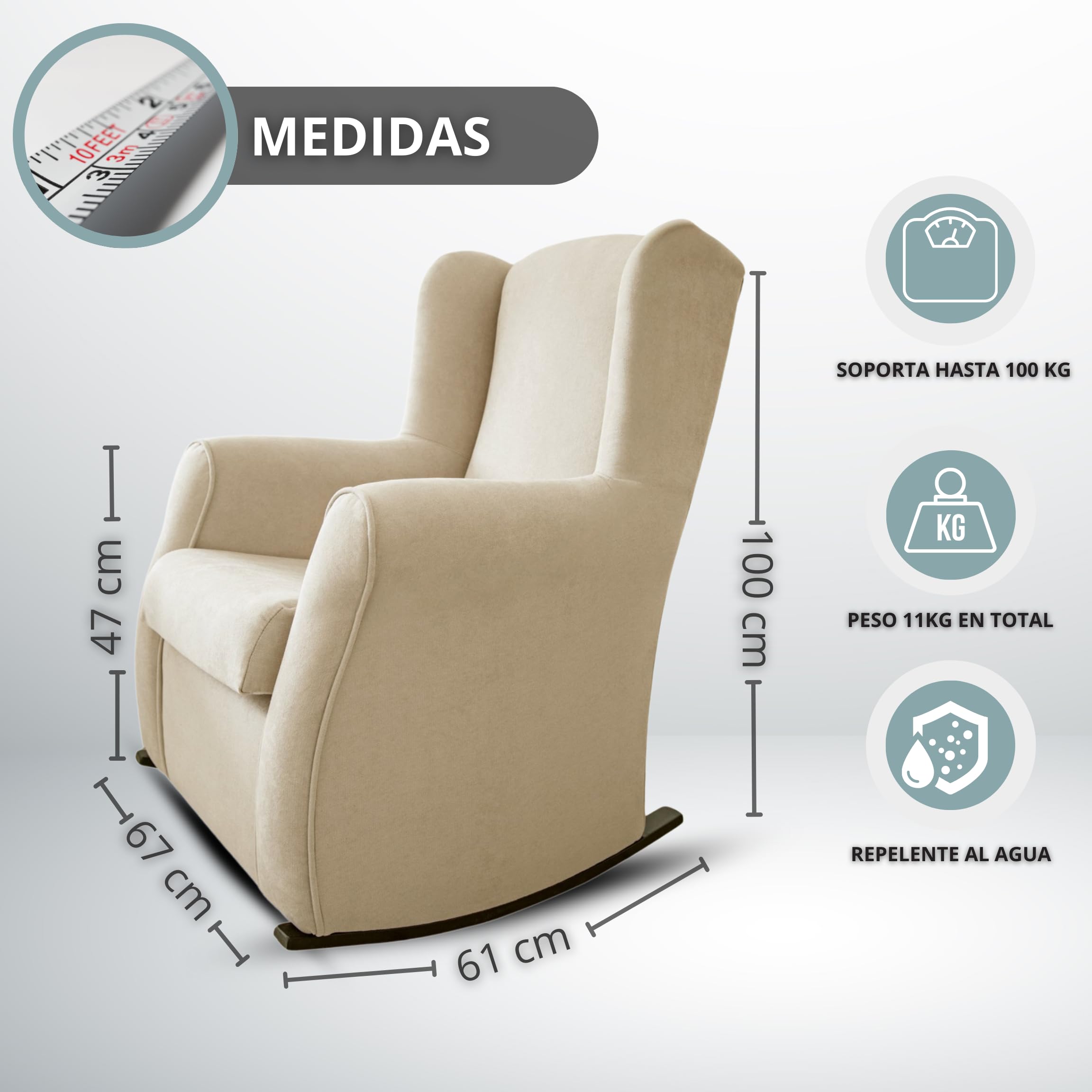 Sillon Lactancia Mecedora Tapizado Antimanchas – Butaca Comoda para Dormitorio o Salon – Diseño Moderno en Beige o Gris – 100x67x61 cm – Ideal Lactancia y Descanso (Gris)