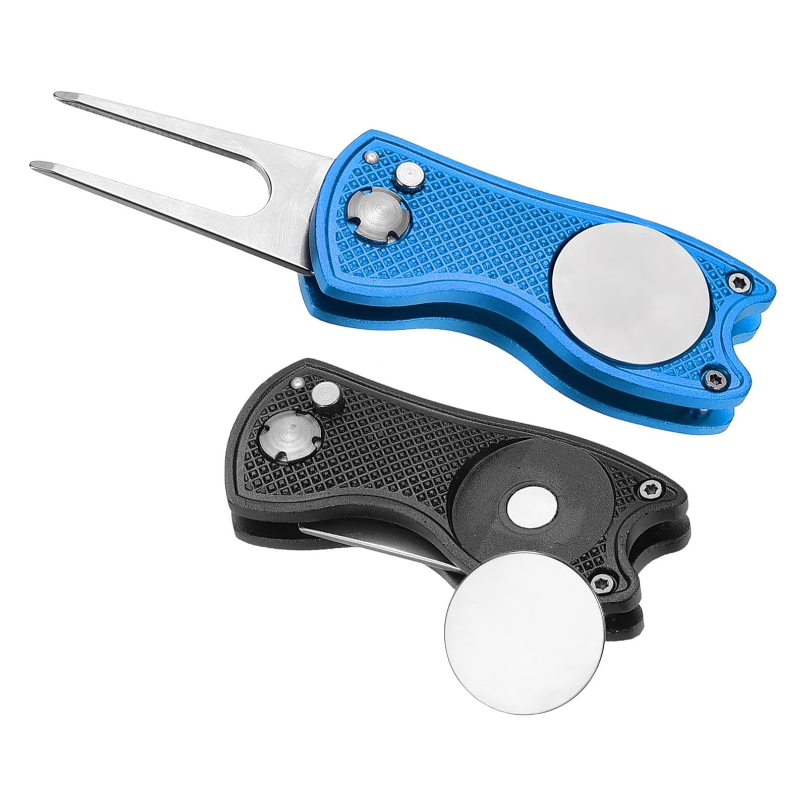 PATIKIL Golf Divot Repair Tool, 2 Pack Foldable Metal Golf Green Divot Tool with Magnetic Ball Marker & Stainless Steel Fork for Golfer, Black/Blue
