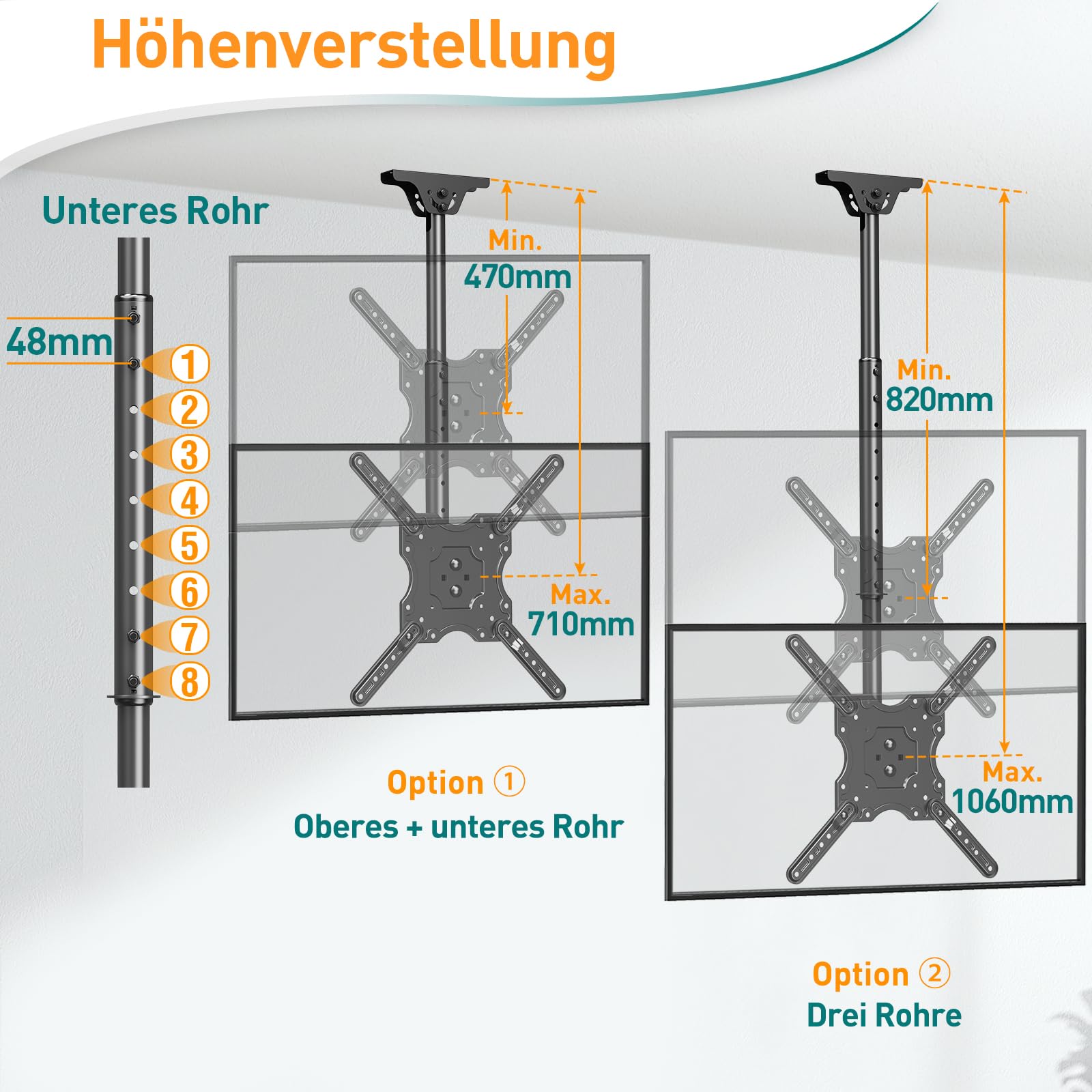 ELIVED TV Deckenhalterung für die meisten 26-65 Zoll Flach & Curved Fernseher bis zu 45KG, max. VESA 400x400mm, Höhenverstellbare TV Halterung für Flachdach oder Schrägdach, EV3015